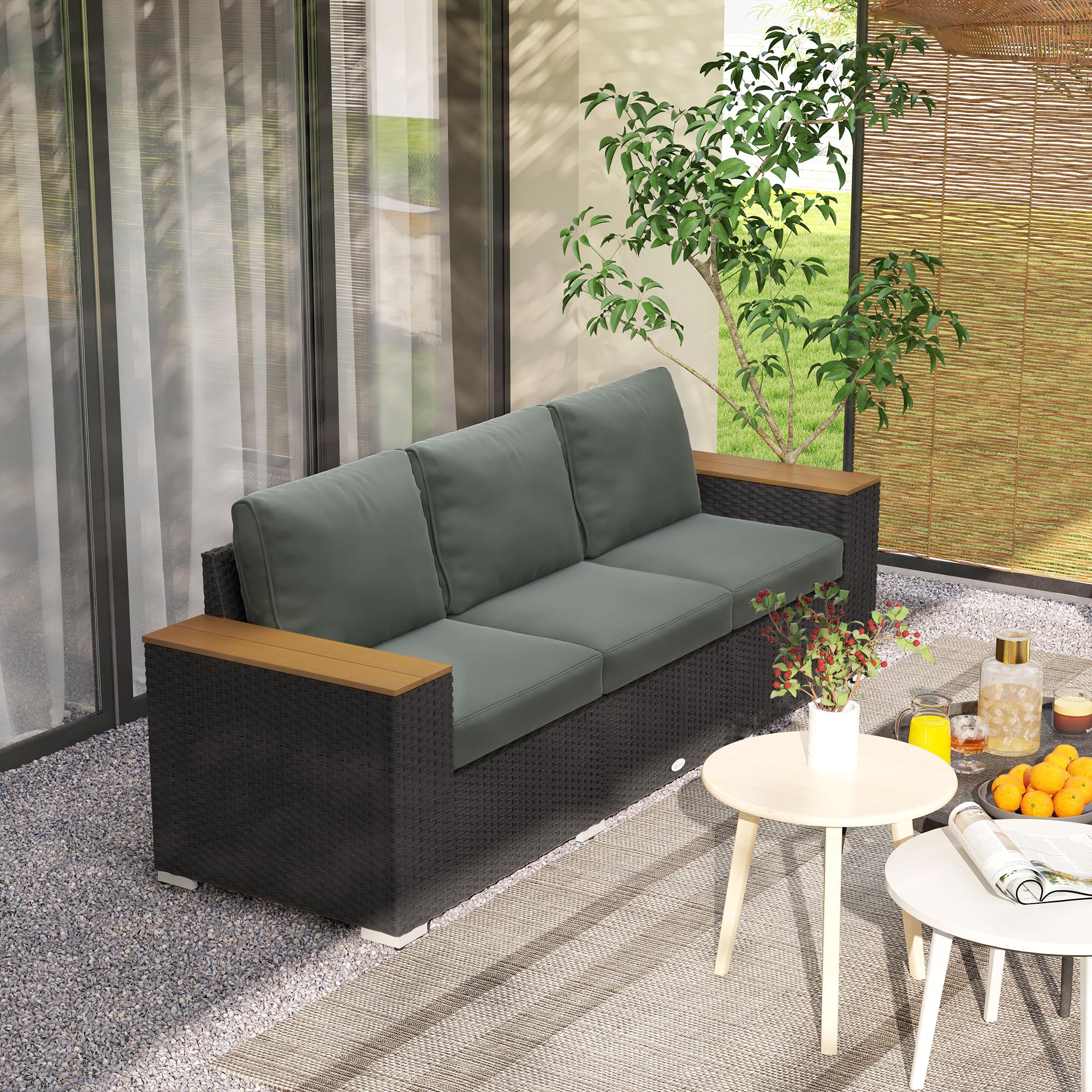 Sofá de patio al aire libre de 3 asientos con cojines, sofá de mimbre de ratán PE con reposabrazos anchos de grano de madera, sofá de mimbre al aire libre para porche, jardín, terraza 8
