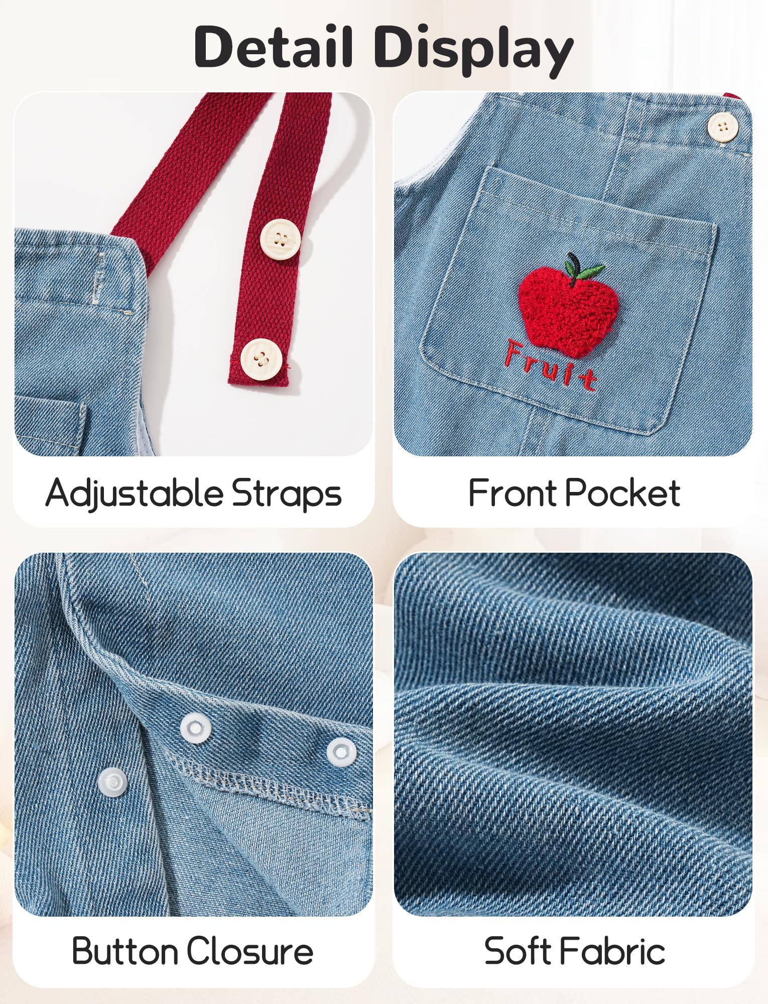 SEAUR Bébé Salopette en Denim Coton Coupe Ample Vintage Enfant Salopette en Jean Été Confortable Mignonne 6 mois-5 ans