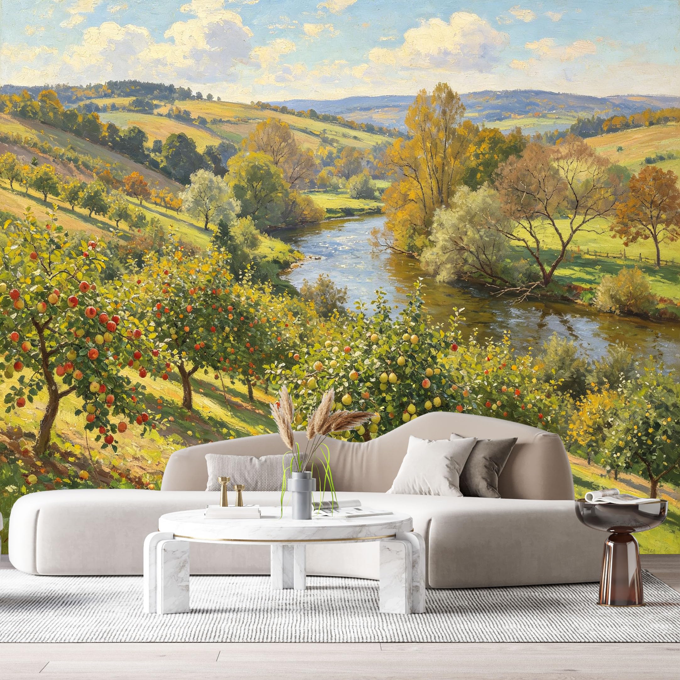 Custom Size Wall Murals Farmhouse Landscape Oil Painting Apple Orchard River Countryside SelfAdhesive Wall Fabric Removable Large Wallpaper for Photo Living Room