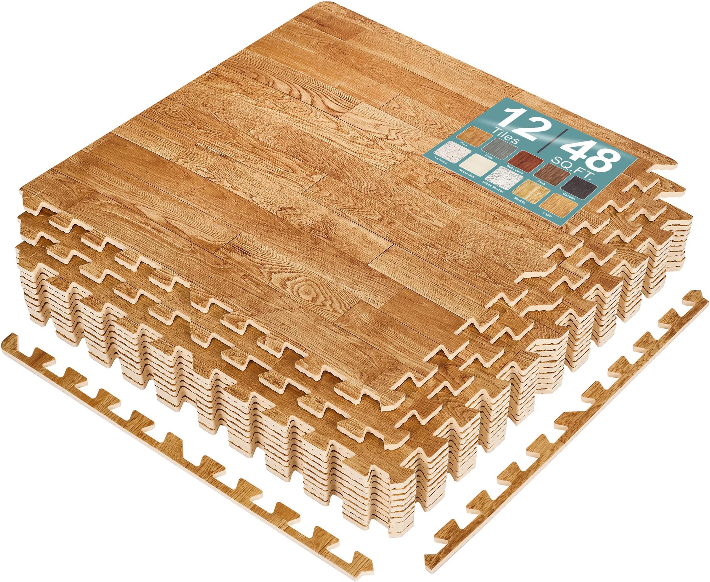 Sorbus Wood Grain Floor Tiles Foam Mat EVA Interlocking Mats Tile 3/8-Inch Thick Flooring Wood Puzzle Exercise Mats w/Borders - Home Playroom Basement, Apartment, Trade Show, Baby, Dance