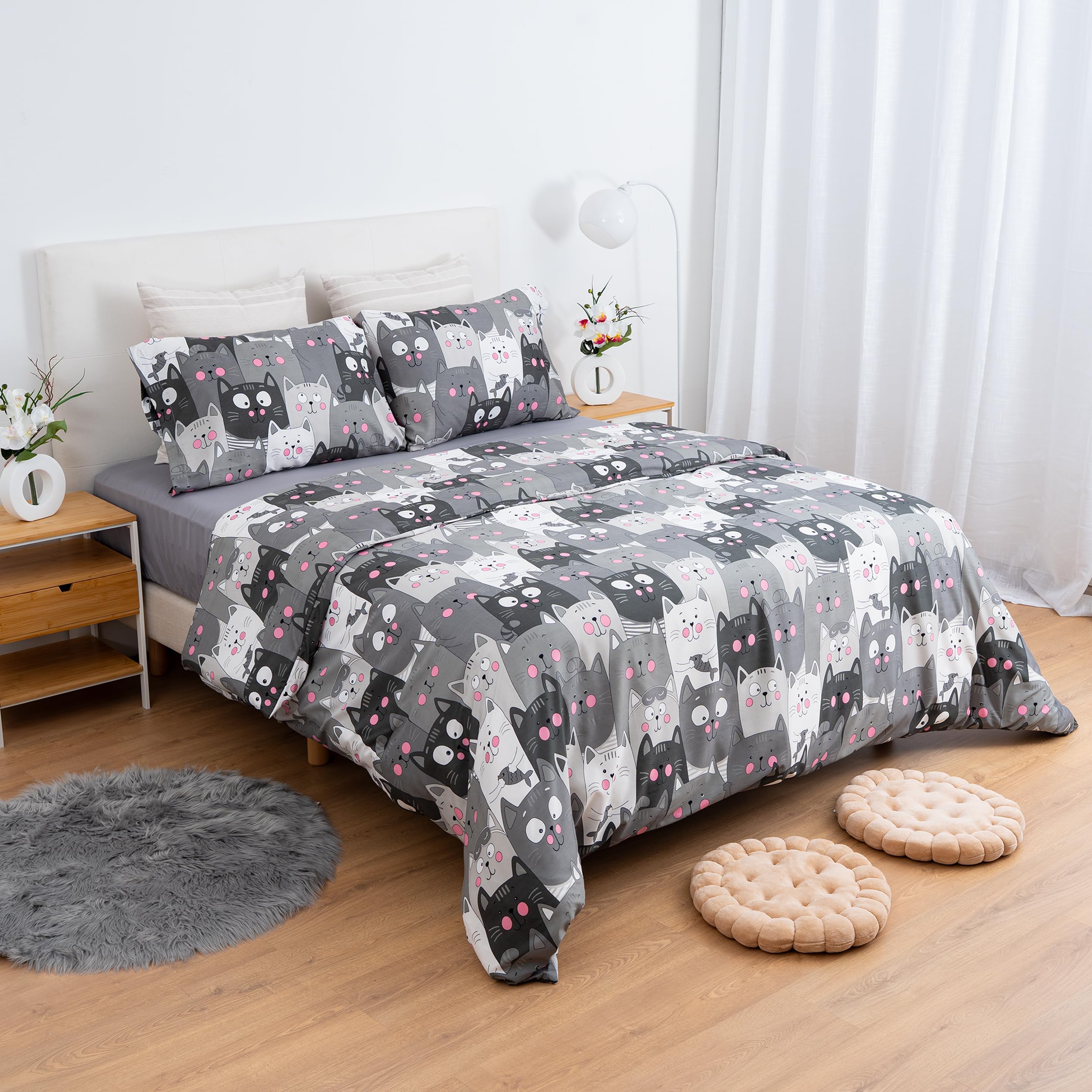 3-Piece Duvet Cover Set for 90 Beds - Duvet Cover 150 x 220 cm, Fitted Sheet 90 x 200 + 28 cm, Pillowcase 45 x 110 cm - Soft and Breathable Microfibre - Grey Cat