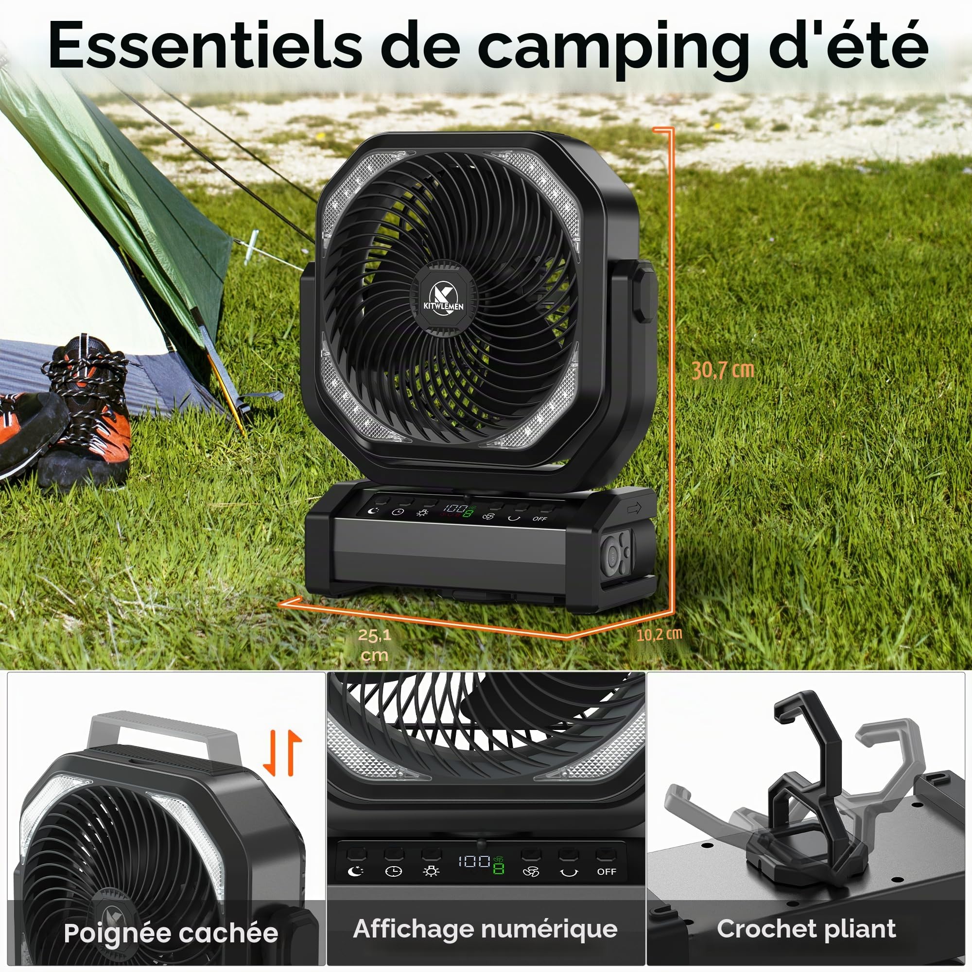 Ventilateur de camping avec lumière, 20 000 mAh, 112 heures d'autonomie maximale, 9 vitesses, minuterie, oscillation automatique -D22