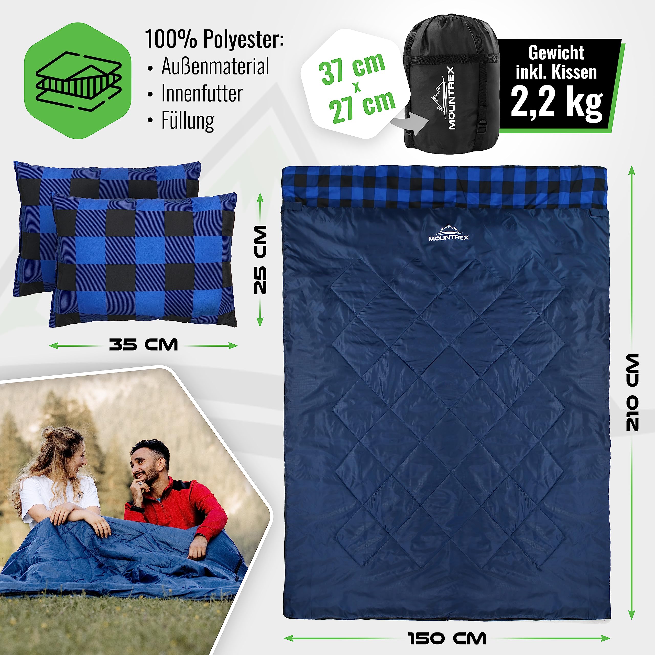 MOUNTREX Podwójny śpiwór – letni śpiwór dla 2 osób (210 x 150 cm), śpiwór letni XXL z 2 poduszkami pod głowę, dla dorosłych – na kemping, do użytku na zewnątrz i wewnątrz