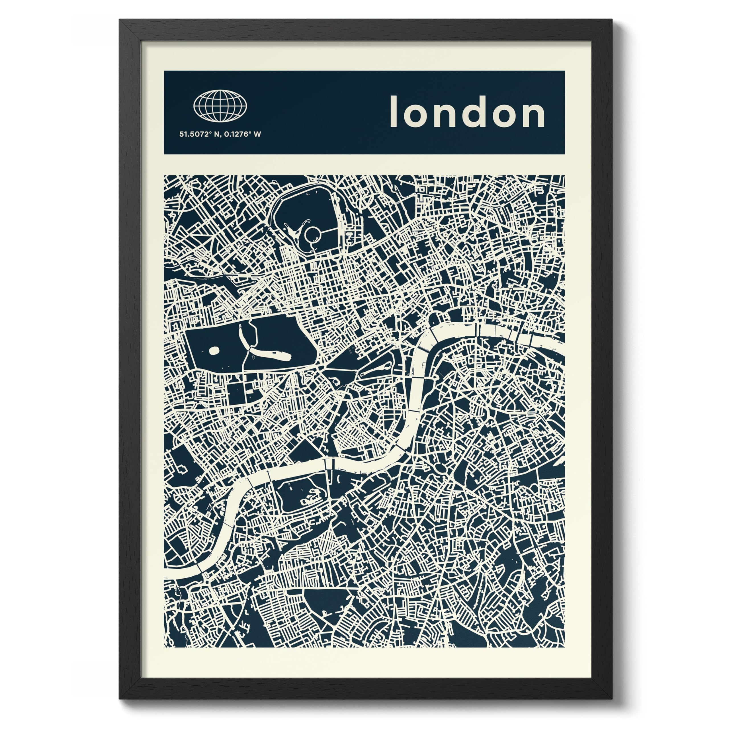 London Minimalist City Maps Poster, City Coordinates Print, Landmark Apartment Home Decor, A4 (Black Frame) - 32.7x24.1cm