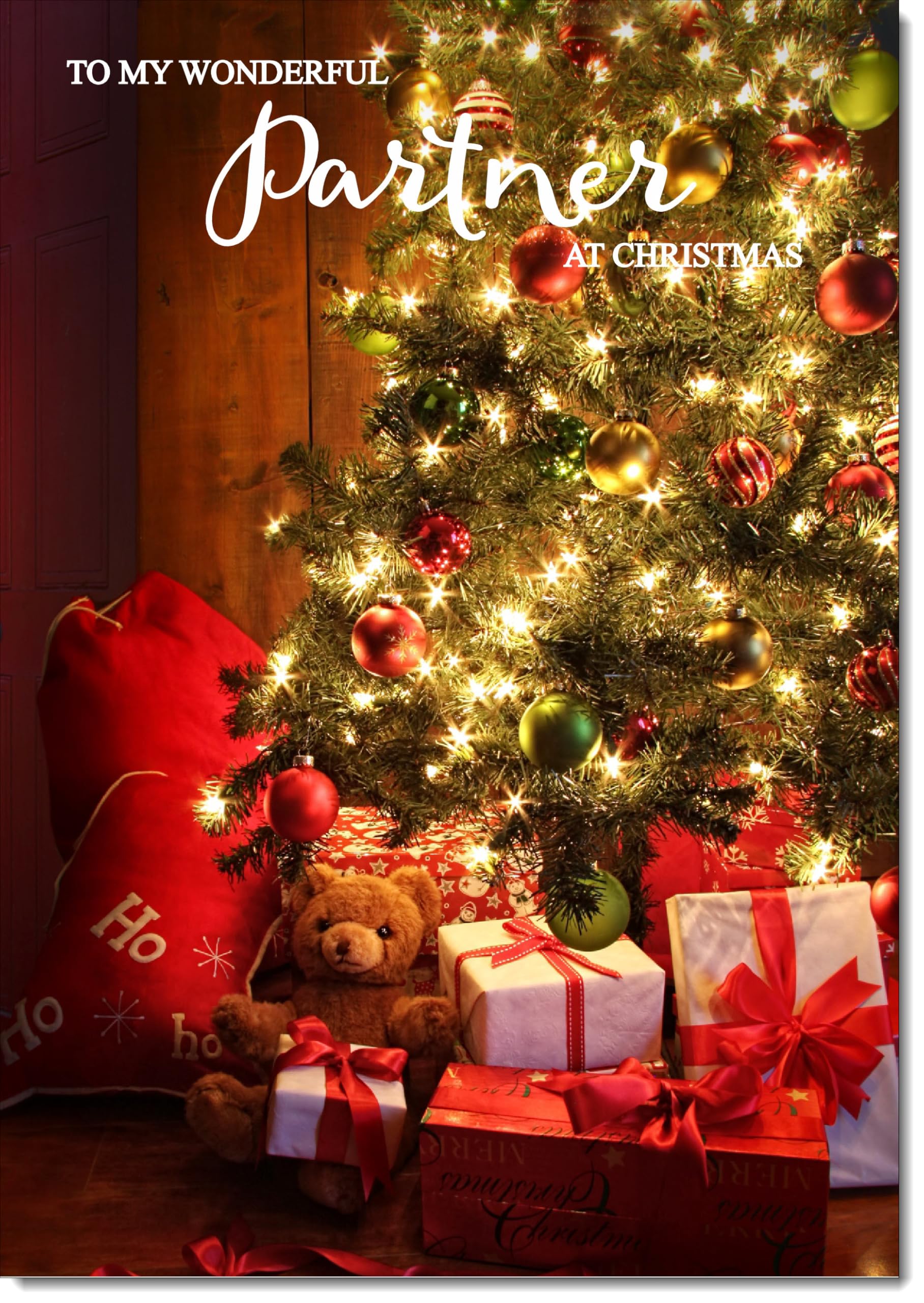 doodlecards Partner Christmas Card Teddy by Christmas Tree Large A4 Size Christmas Card for Partner with Plain Envelope — image 1