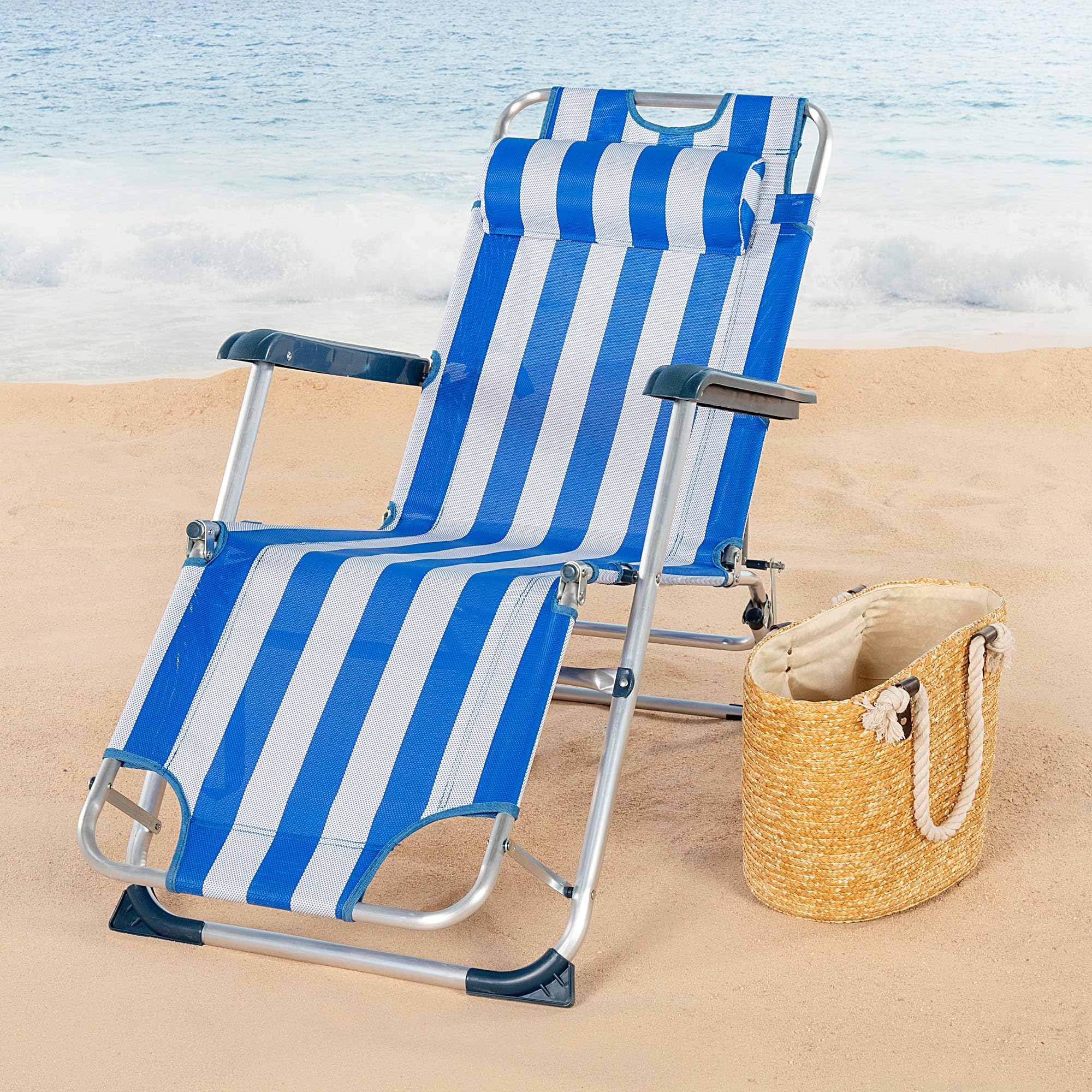 AKTIVE Tumbona Plegable y reclinable Azul, 2 Posiciones, Material: Aluminio y textileno, Medidas: 47x95x75cm, Peso máx. soportado 110Kg, Tumbonas Plegables para Playa, terraza y c (62299)