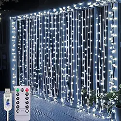 Cortina Luz LED, 3x6M com 600 Lâmpadas LED, Interface USB com Controle Remoto, 8 Funções de Iluminação, À Prova D'Água para Decoração Festiva e Uso no Natal. (Luz Branca Fria)