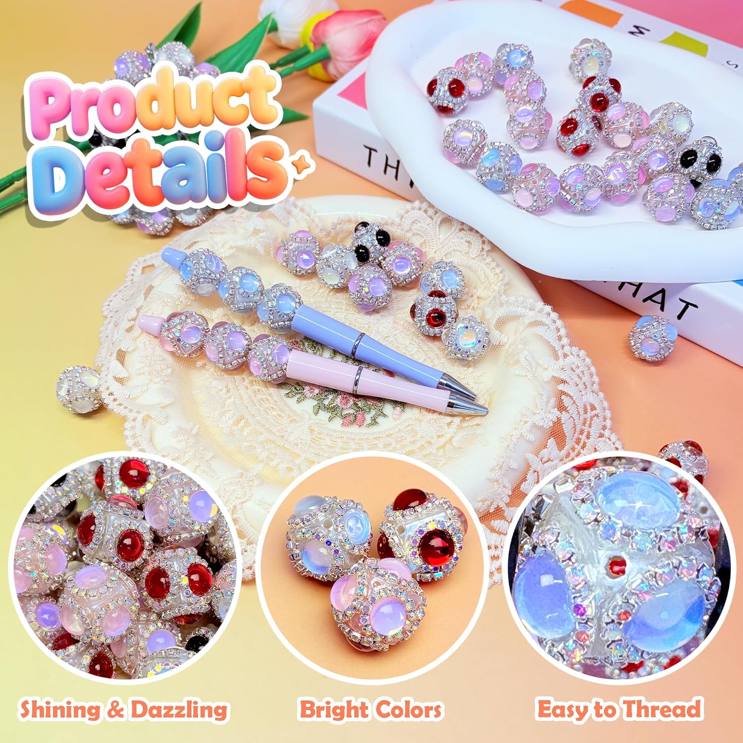 10pcs Rhinestone Focal Beads for Pens, Sparkling Crystal Flower Designs, Glitter Keychain Beads for DIY Jewelry Making Crafts Holiday Decorations (Rhinestone) - Image 2