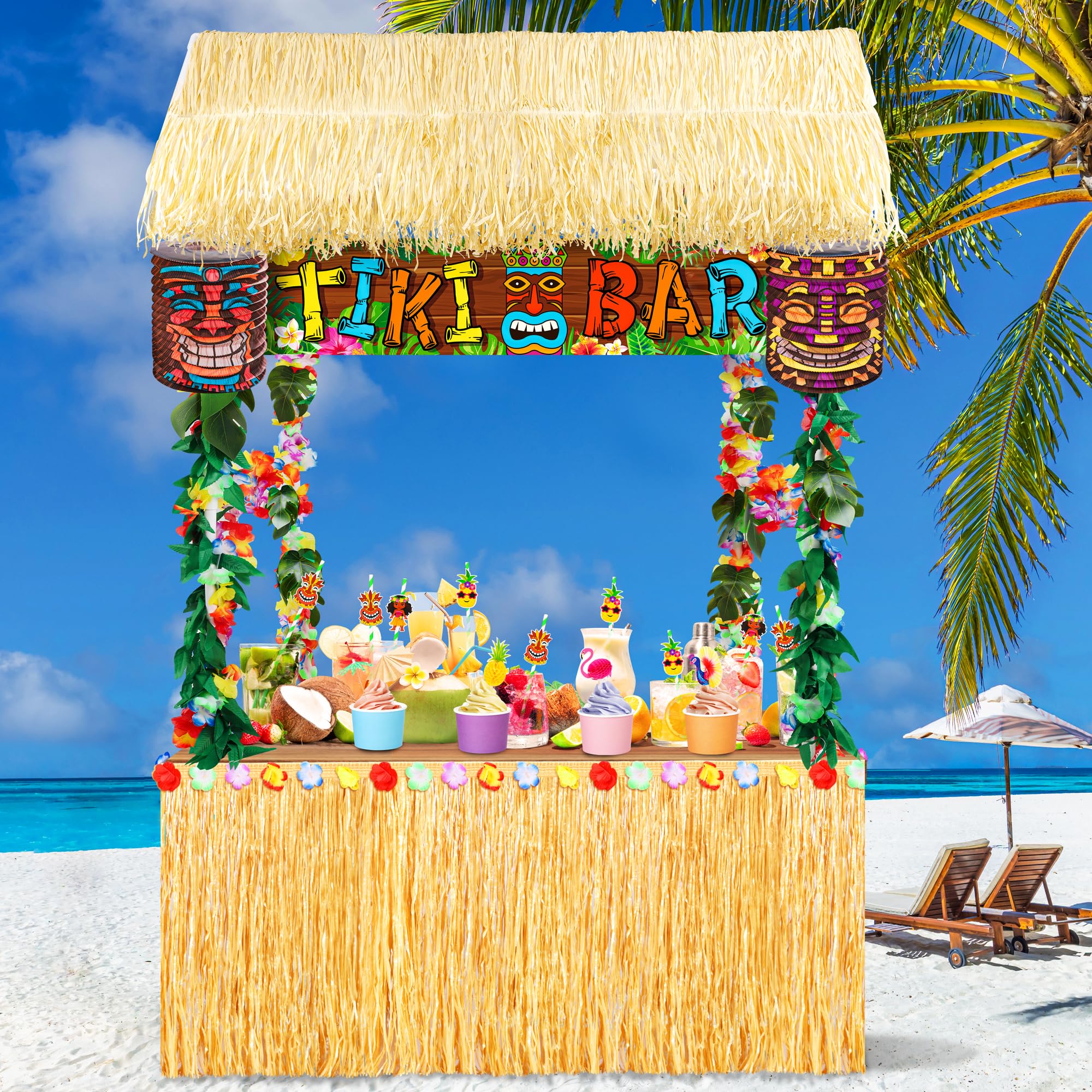 Photo 1 of Vivantia 115 Pieces Hawaii Tiki Bar Kit Include 53 x 21.7 x 55 Inch Large Hawaiian Bar Hut Table Skirt Straw Roof Garland Banner Tropical Palm Leaves Lantern for Luau Summer Hawaiian Aloha Theme Party
