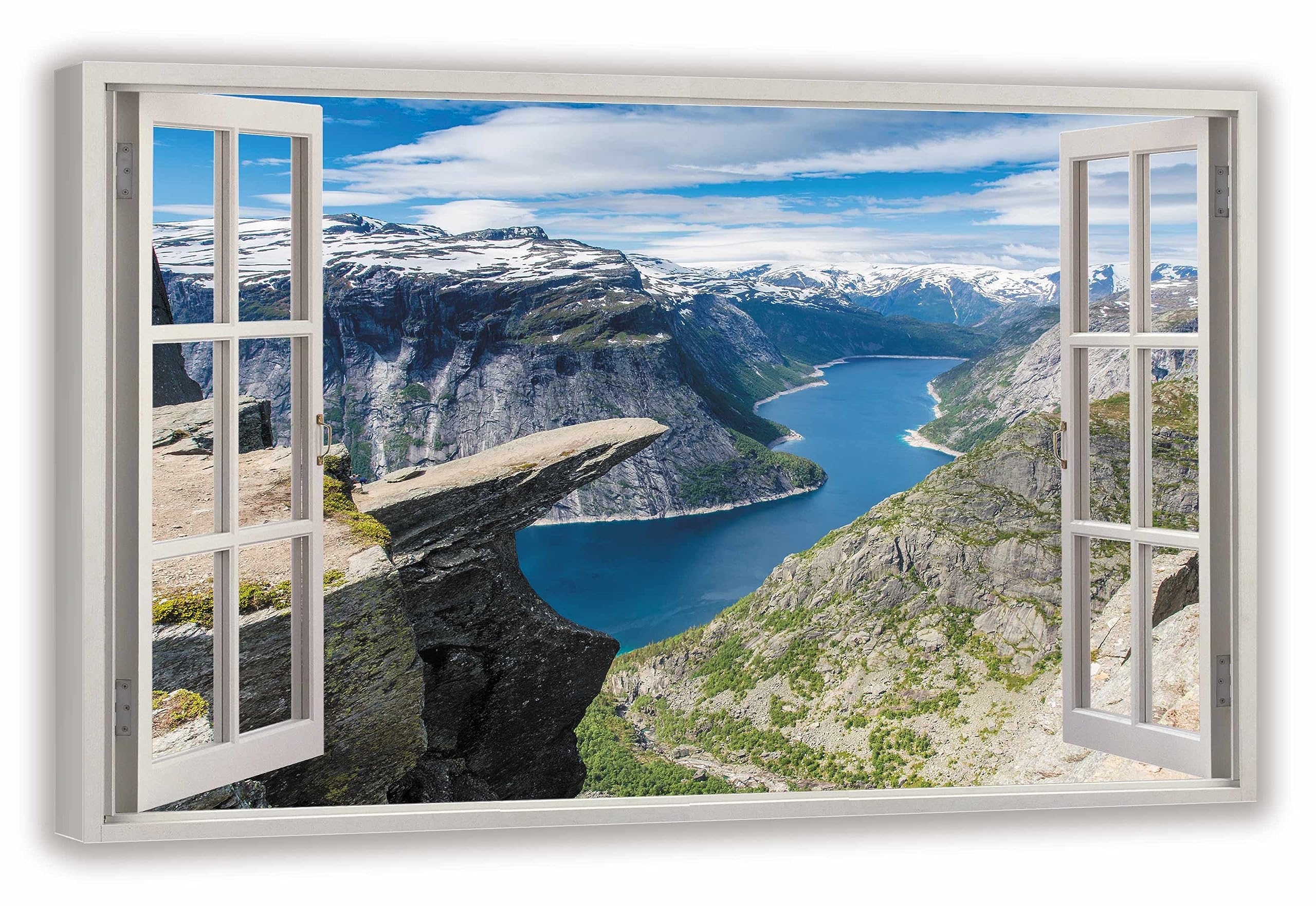 HUBDECO Obraz na płótnie Widok z okna na fiordy Norwegii 120x80 cm - Obrazy krajobrazowe na płótnie - Obrazy ścienne do salonu - Obraz z oknem z widokiem - Estetyczne dekoracje pokojowe - Dekoracja