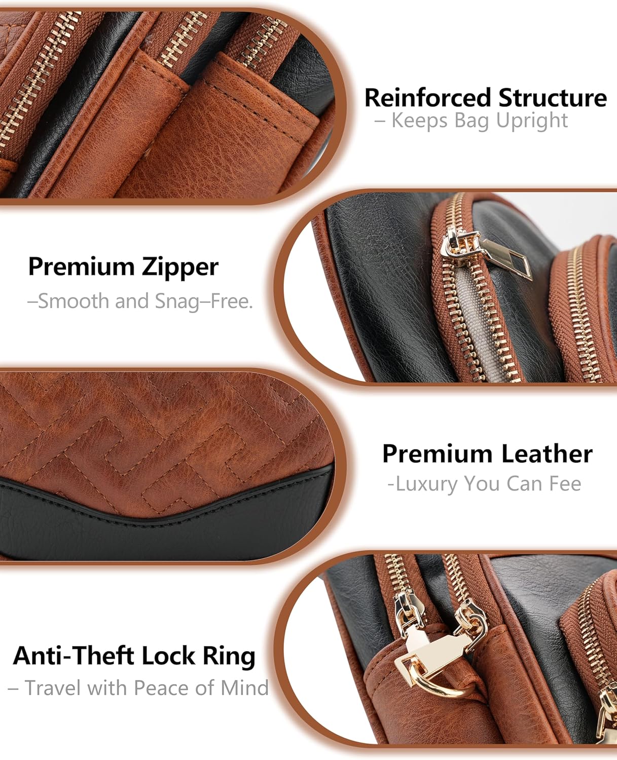 Anti Theft Crossbody Bags for Women, RFID Vegan Leather Sling Purse for Travel, Chest Bag, Cross Body Purses & Fanny Packs(Brown＆Black) | Multi-Pocket, 8 RFID Card Slots, Structured bag, Quilted Design