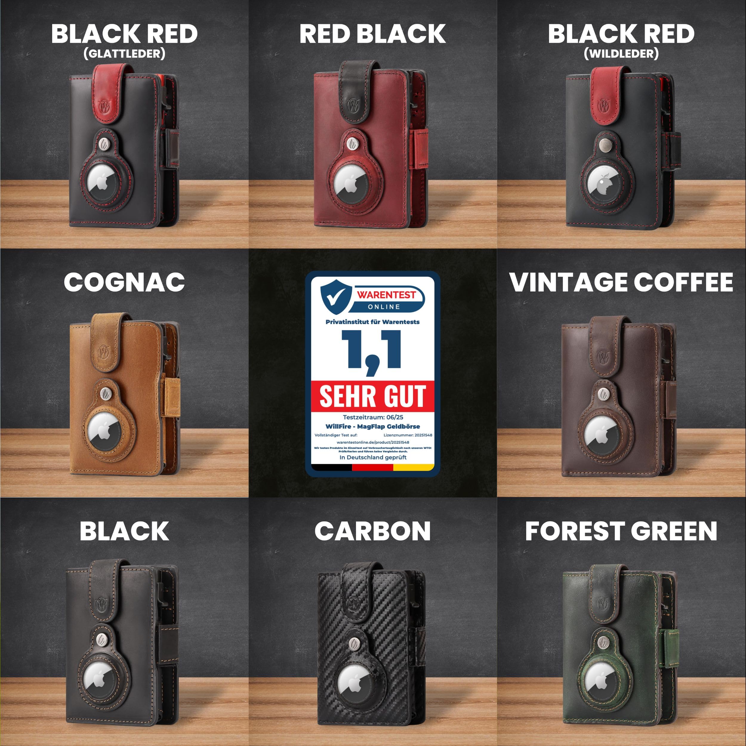 Will Fire® Smart Wallet Herren mit Airtag-Fach & Photokapsel | Inkl. Anhänger | Echtleder Airtag (1. & 2. Gen) Wallet mit Münzfach & Scheinfach | RFID Schutz | Bis zu 12 Karten | [Cognac]