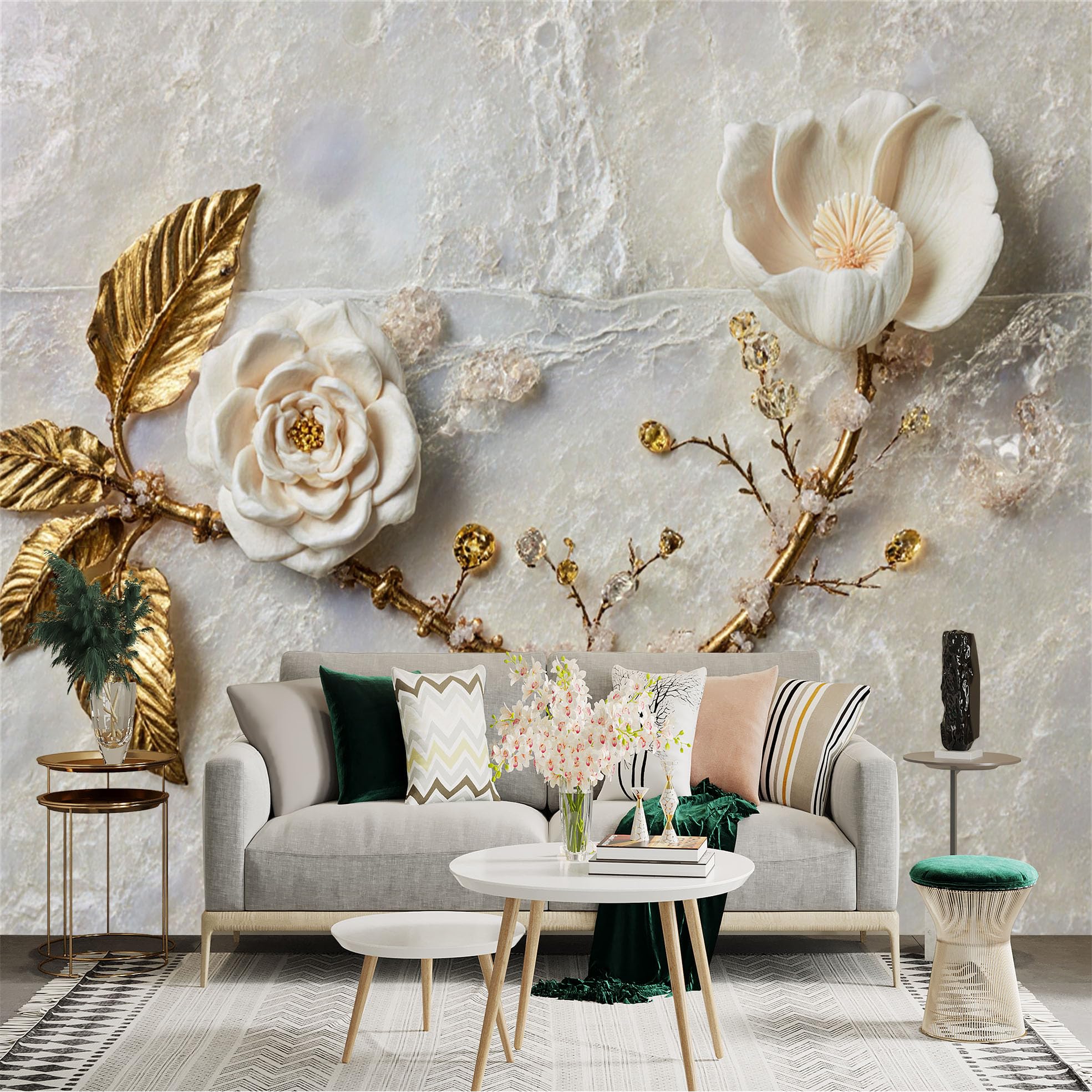 Custom Size Wall Sticker Mural， Elegant White Flowers with Golden Metallic Leaves， Luxury Marble Texture Background， Botanical Art， for wall Decoration， peelandstick wall Decals.