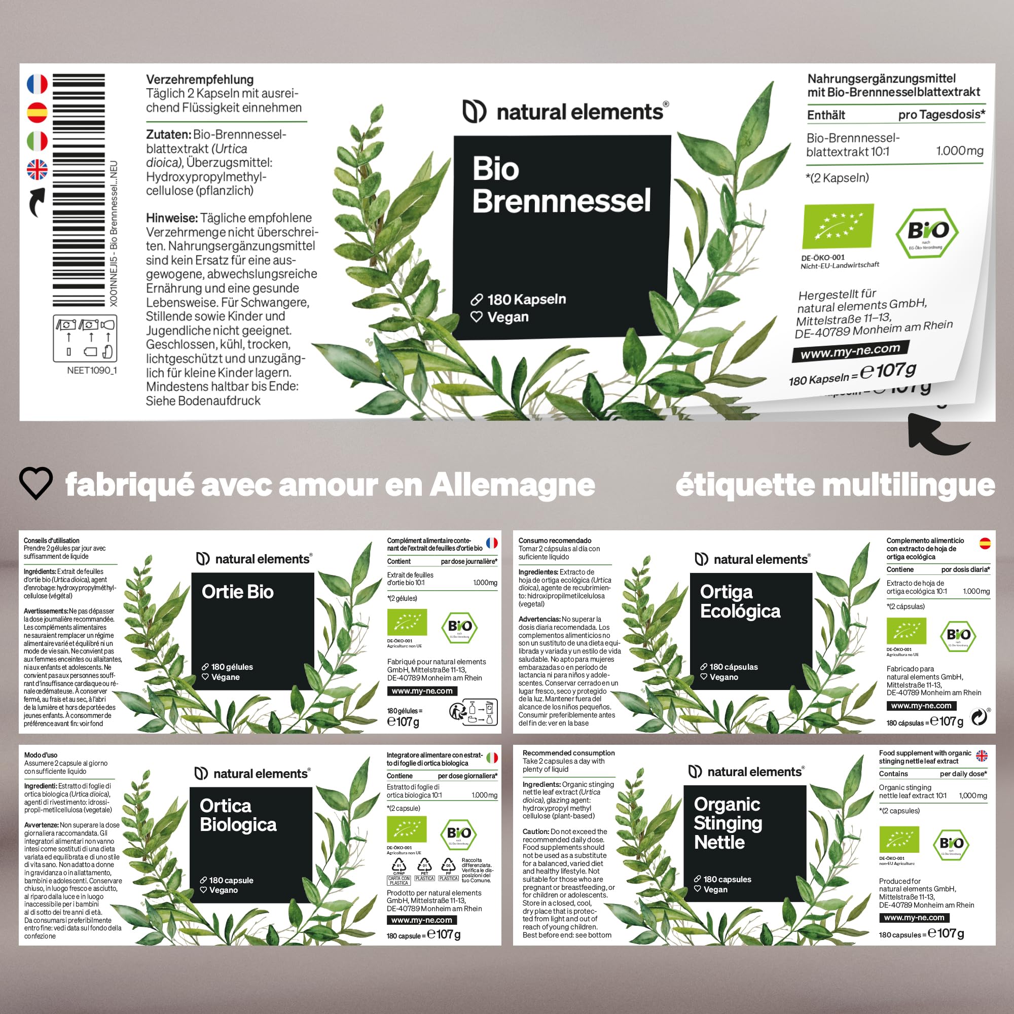 Ortie Bio – 180 gélules – extrait de feuilles d’ortie 10 : 1 – végane, hautement dosé, sans additifs inutiles – fabriqué et contrôlé en laboratoire en Allemagne