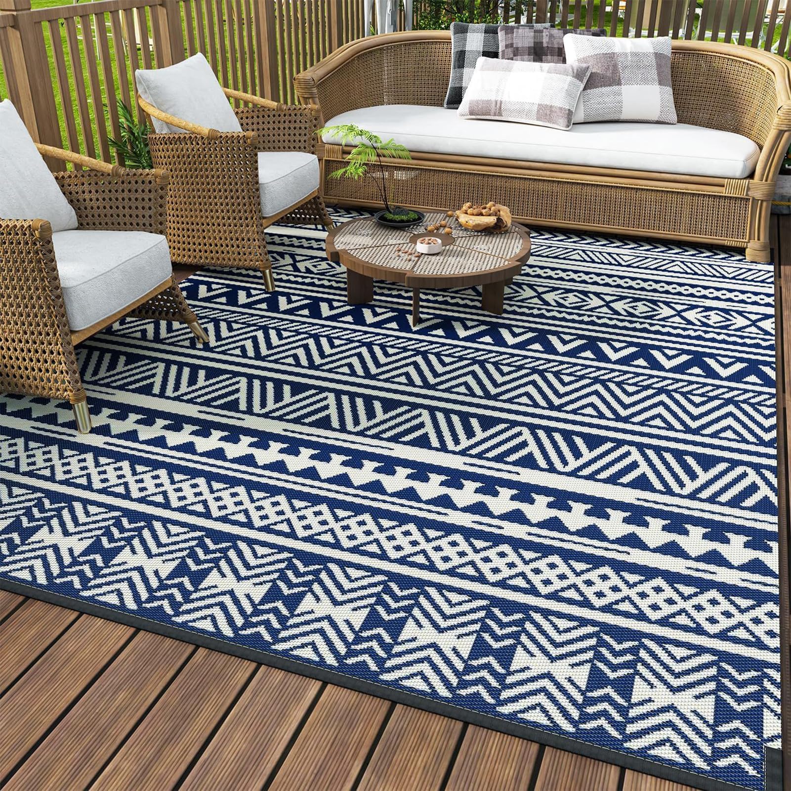 GAOXIAO Outdoor Teppich Wetterfest, Reversible Matte UV Beständige Campingmatte Recycling für Garten Patio Balkon Terrasse Pinic Strand BBQ Picknick Deck Außenbereich Blue 120 * 180cm