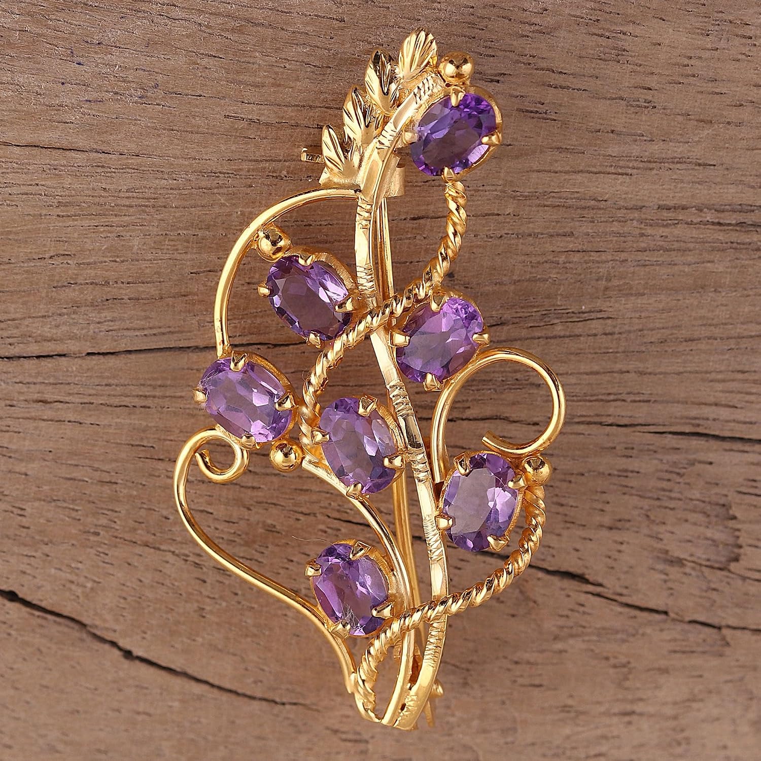 NOVICA Artisan Handcrafted Gold Plated Amethyst Brooch 22k 7 Carat Lilac Sterling Silver Tone Purple India Floral Birthstone [2 in L x 1.2 in W x 0.2 in D] ' Golden Lilac'