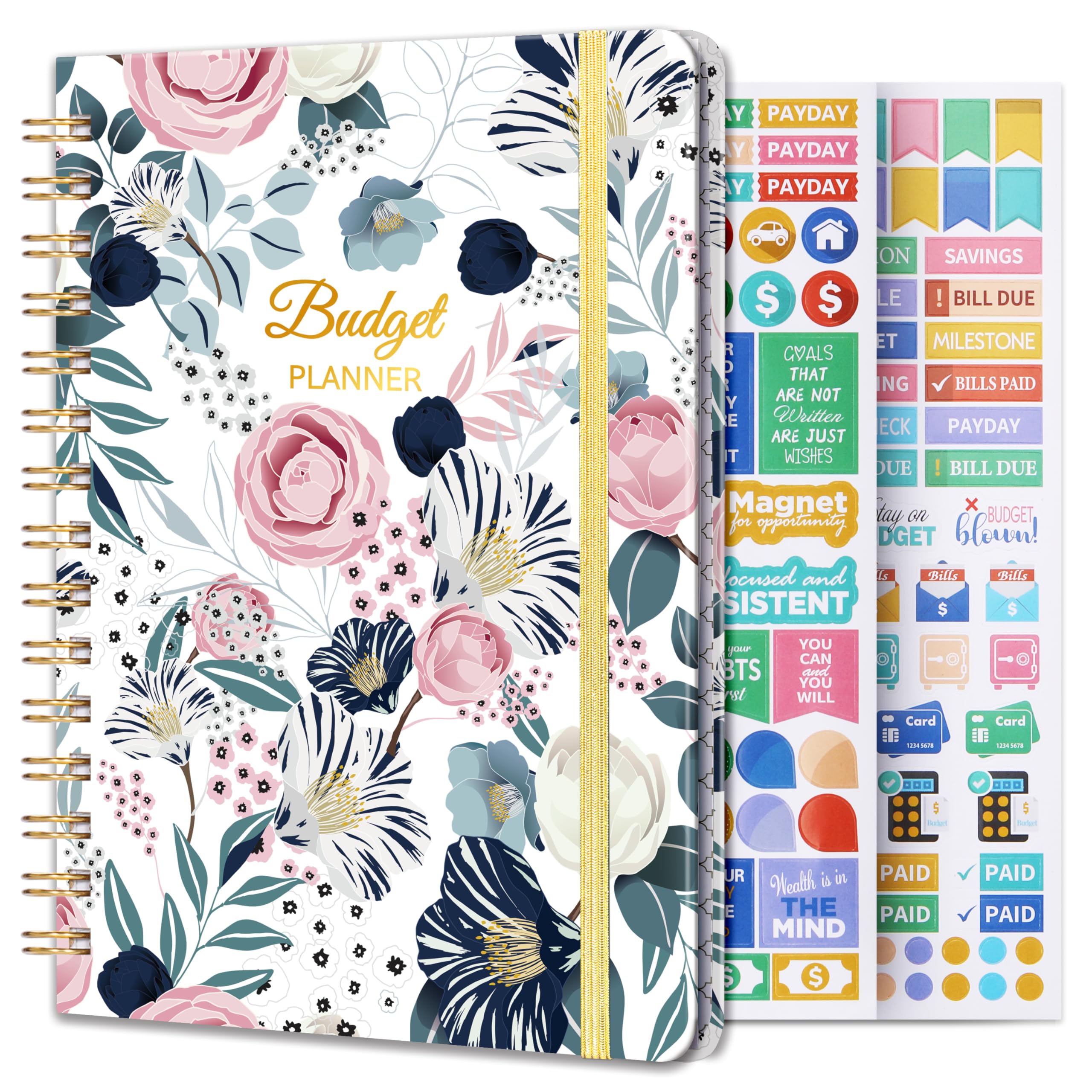 Budget Planner - Budget Book and Organizer With Expense Tracker Notebook, 6.3" x 8.4" Undated Bill Organizer with Pocket +Hardcover + Stickers +Premium Paper + Pen Holder - Floral