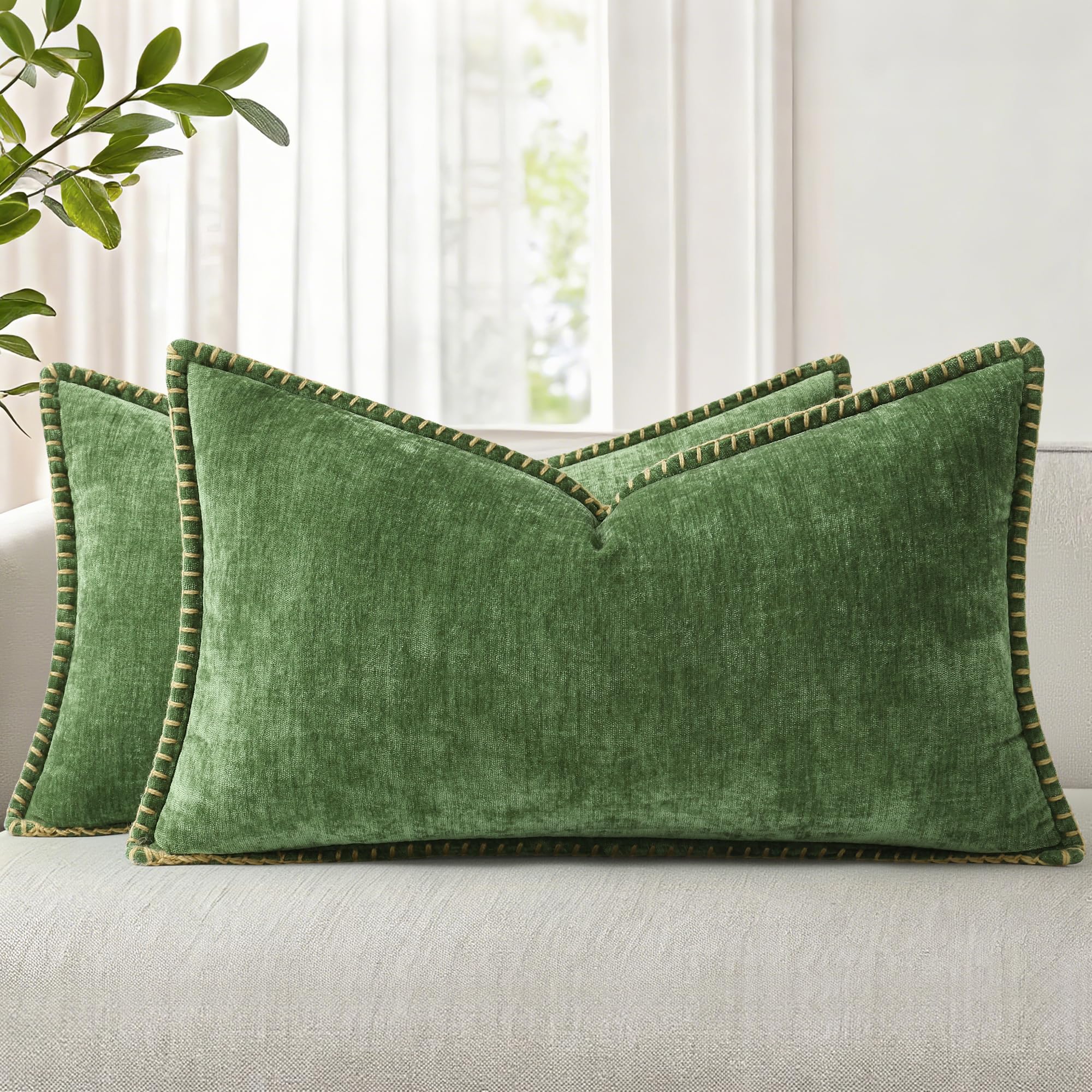 decorUhome Chenille Soft Cozy Throw Pillow Covers 12x20 Set of 2, Modern Farmhouse Boho Velvet Decorative Pillow Cases with Stitched Edge for Couch