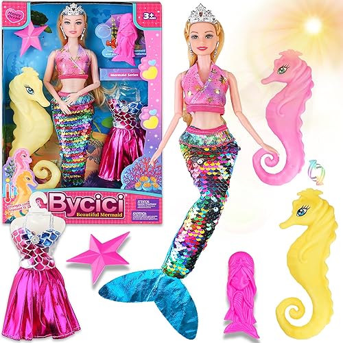 Miniatura 3 de Muñecas de sirena para niñas de 4 a 7 años, juguetes de sirena de pelo rubio y ropa de muñeca para niña, juego de regalo de caballito de mar que