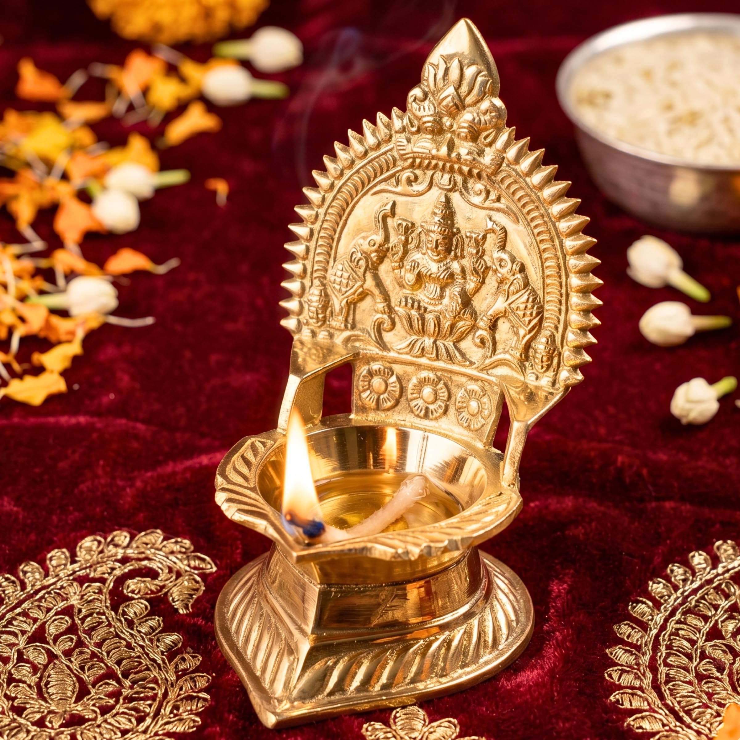 Anciently Premium Brass Gajalakshmi Diya / Vilakku (Model 2/14.5 CM) - Traditional Goddess Lakshmi Oil Lamp with Twin Elephants for Home Decor, Daily Pooja & Diwali Gifts, 1 Piece (Height 14.5 CM)-image-32