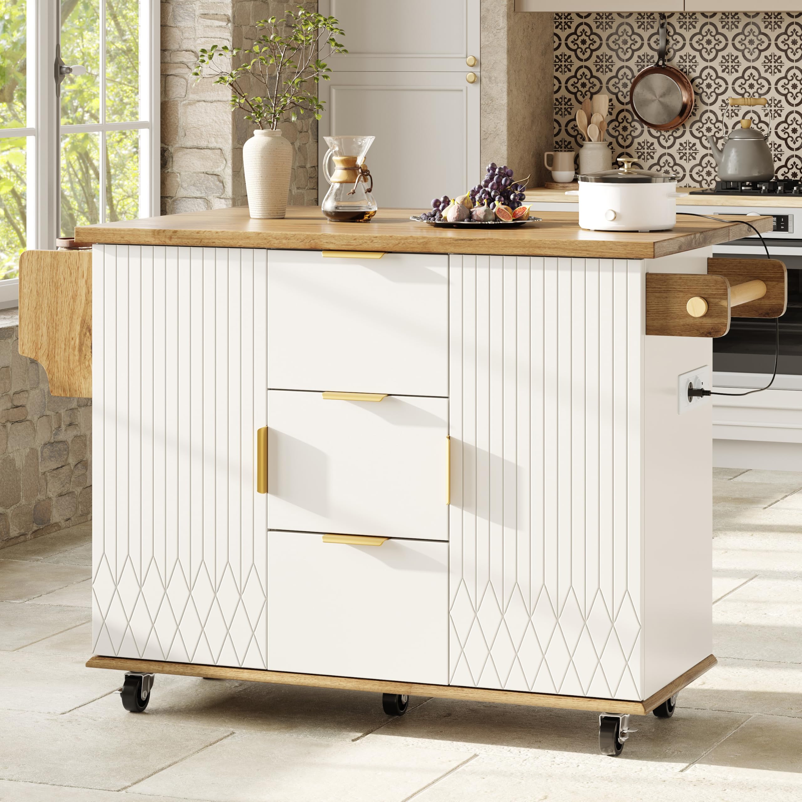 Carrito de cocina con encimera plegable y toma eléctrica, mueble de cocina móvil de isla con ruedas, aspecto, isla cocina, carro cocina, carro portavande,mueble cocina, 134 x 46 x 88 cm