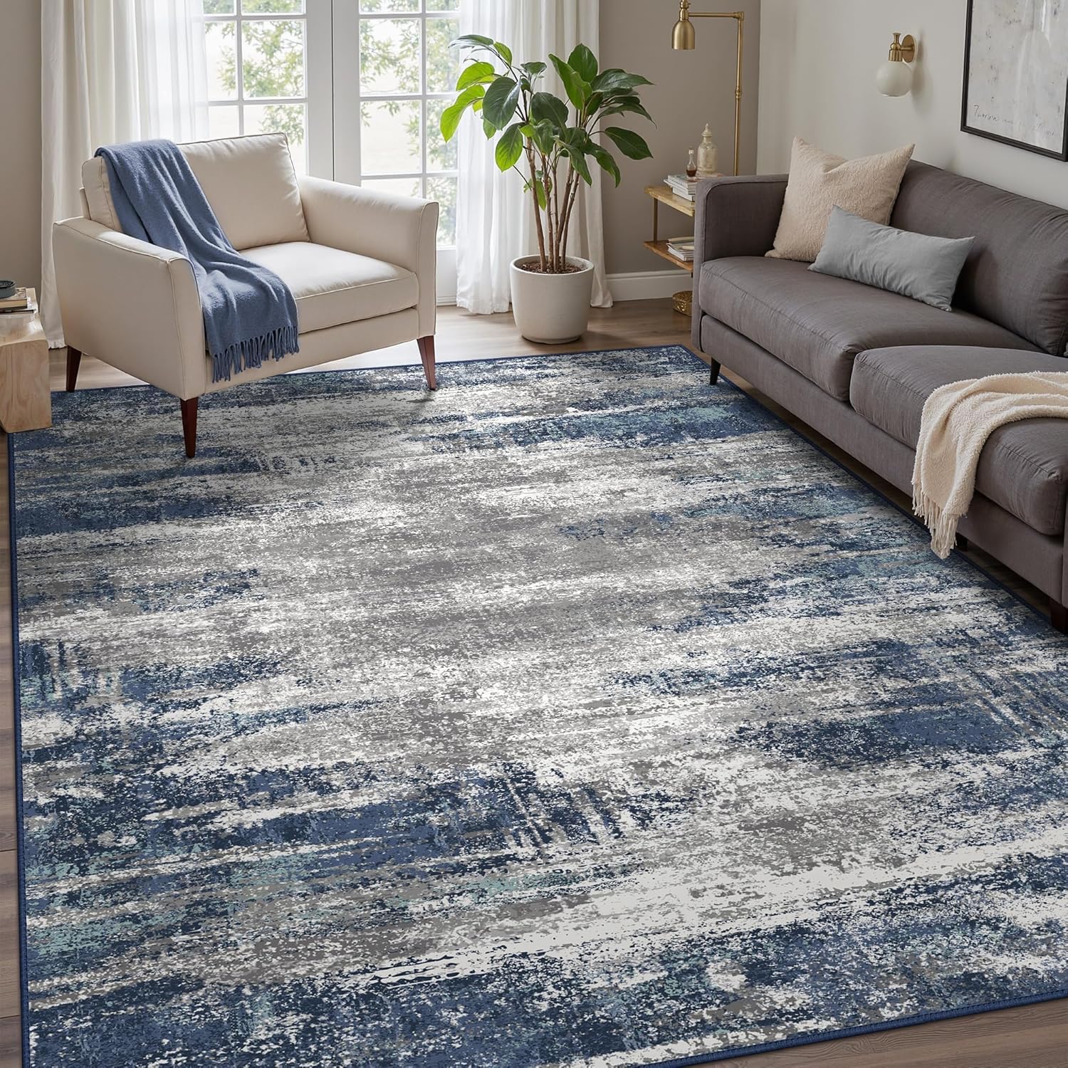 Tapis lavable bleu abstrait moderne 160x200cm idéal pour salon ou chambre élégante