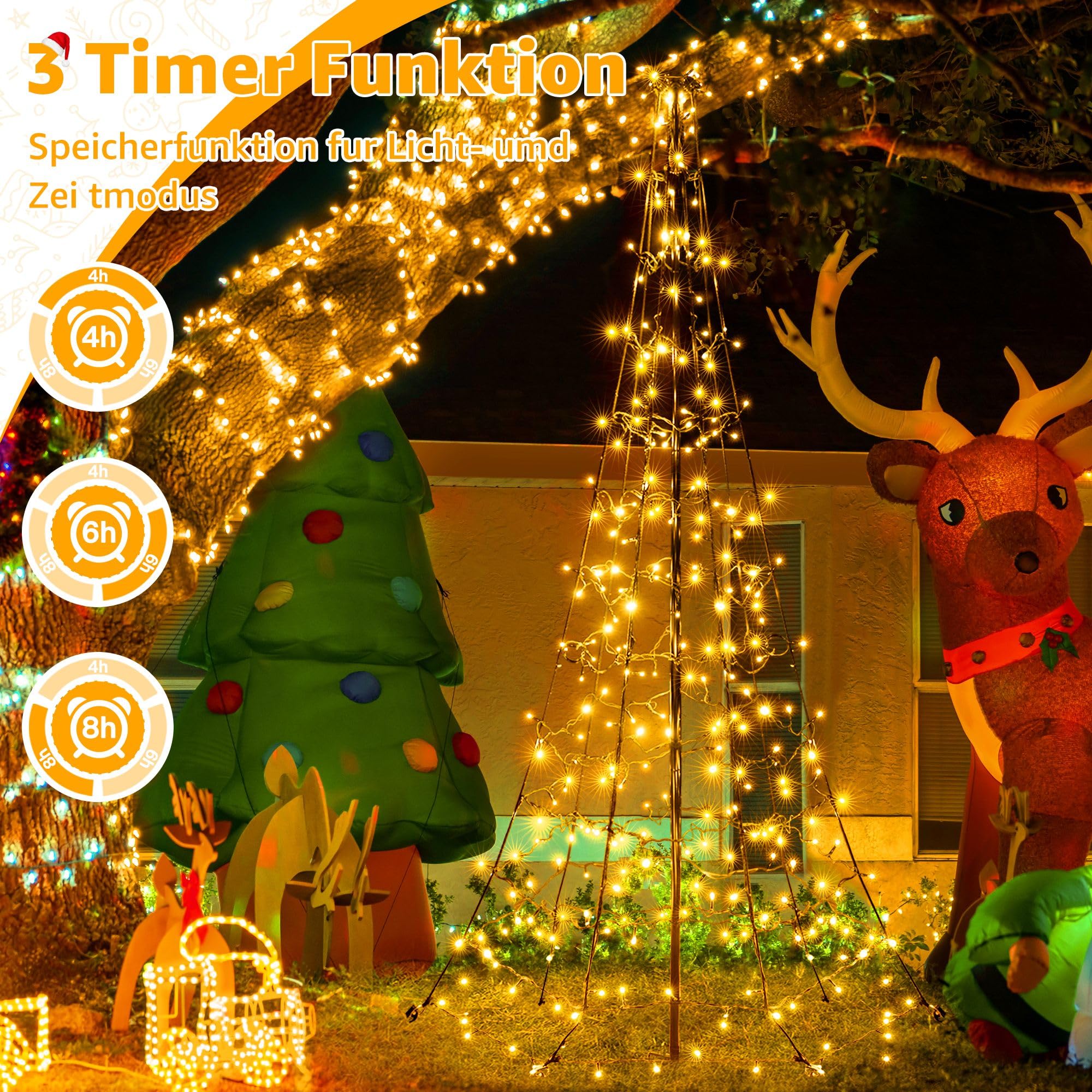 Ollny Weihnachtsbeleuchtung außen 202LEDs 180 cm Lichterkette Weihnachtsbaum, Timer dimmbar mit 8 Modi, IP44 Weihnachtsdeko mit Fernbedienung für Rasen Garten (Warmweiß)