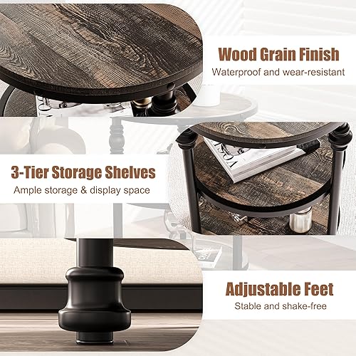 Miniatura 6 de IDEALHOUSE Mesa auxiliar redonda de 3 niveles, mesa auxiliar de sala de estar con estante de almacenamiento y mesa auxiliar de madera industrial de
