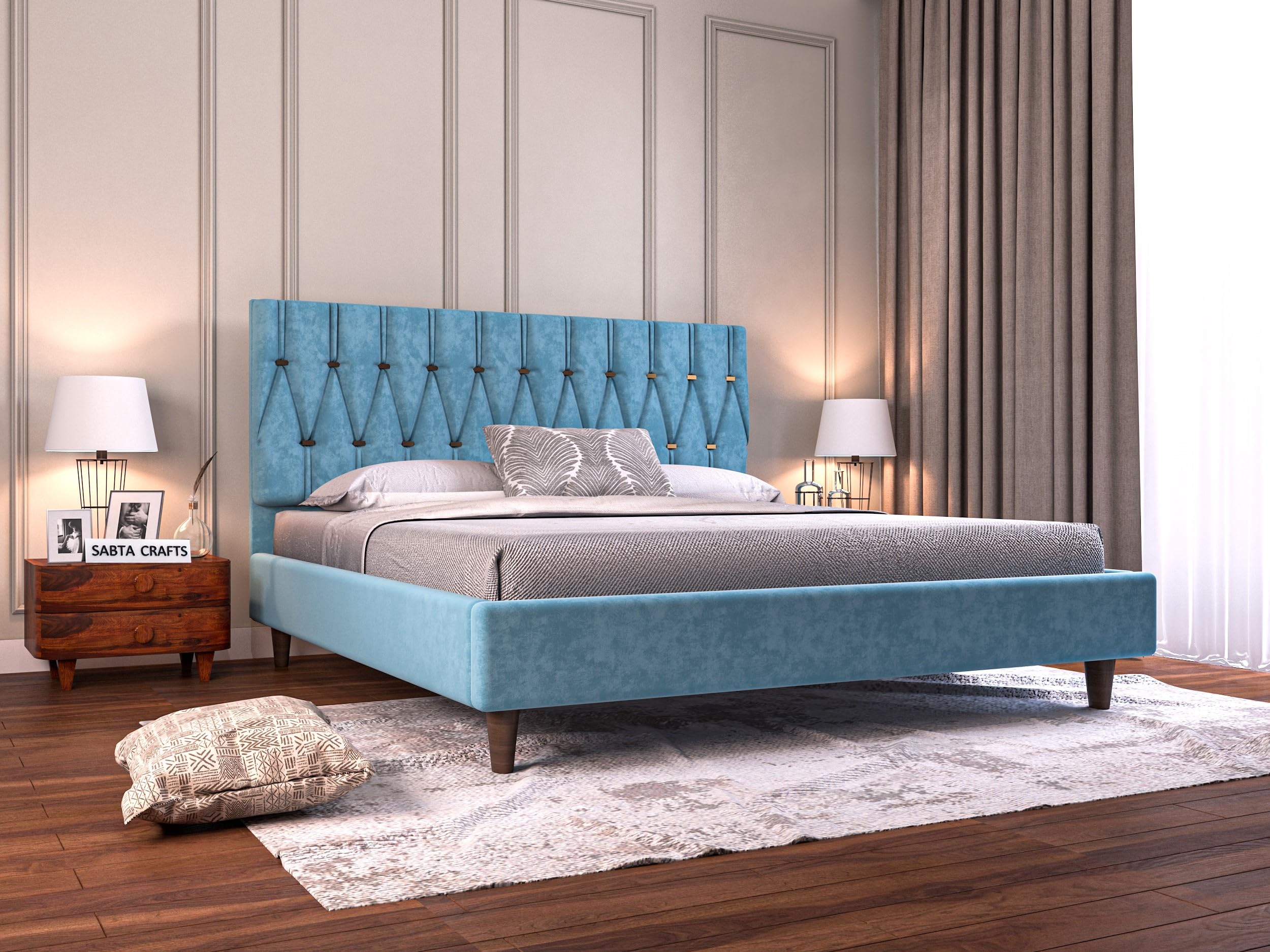 MAHALA Craft Modern Upholstered King Size Bed for Bedroom Wooden Double Bed Platform Cot Bed with Upholstery Premium Fabric 6.5 x 6 Ft Sheesham Solid Wood (Rosewood, Blue) (B0DG98CHCL) Amazon Price History, Amazon Price Tracker