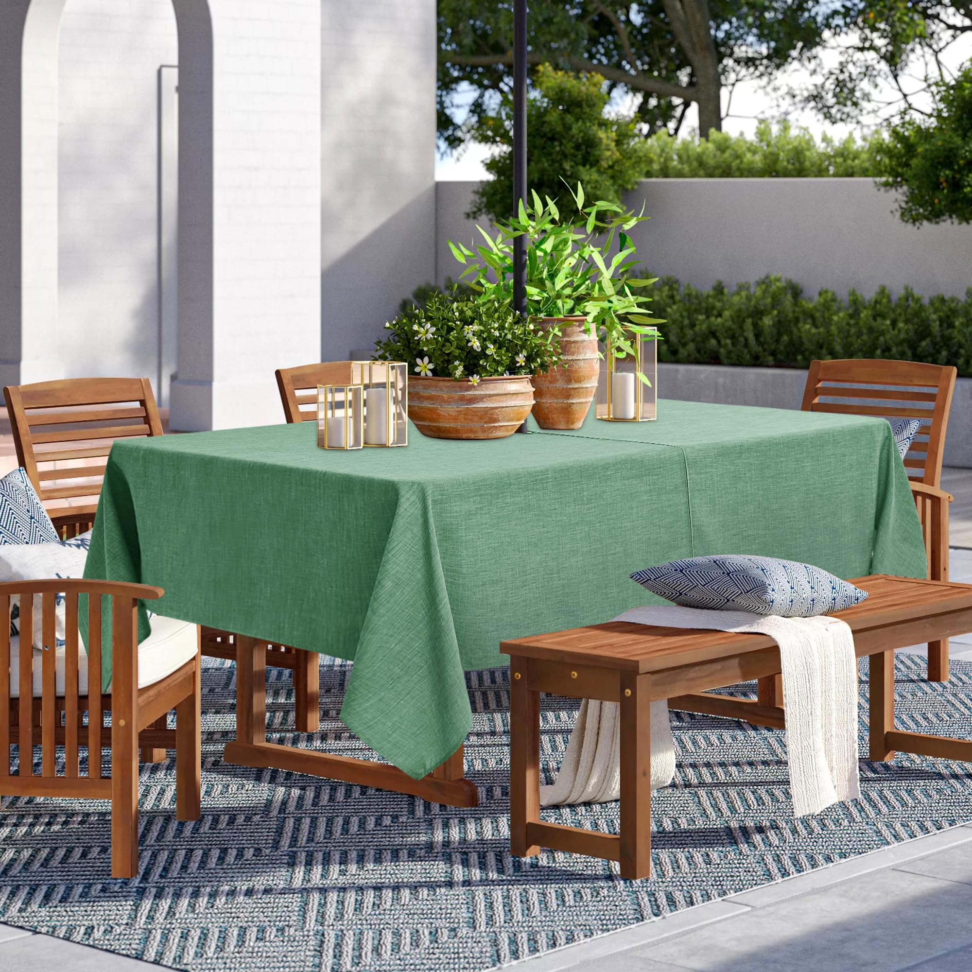 LUSHVIDA Mantel para Exteriores con Agujero para Paraguas, Mantel Rectangular con Cremallera, 152 x 213 cm, Lino sintético Verde Salvia, Resistente al Agua, para Picnic al Aire Libre