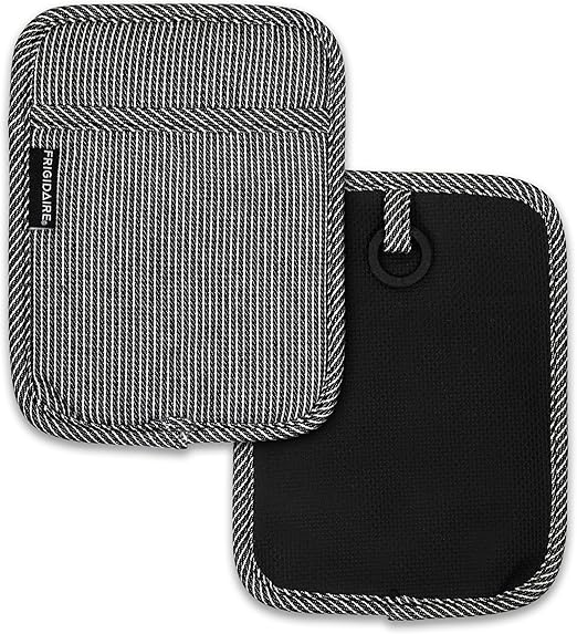 Frigidaire Layla 2-Pack Cotton and Neoprene Pot Holders, Heat Resistant, Anti-Slip, Machine Washable, 7" x 9", Black, Set of 2