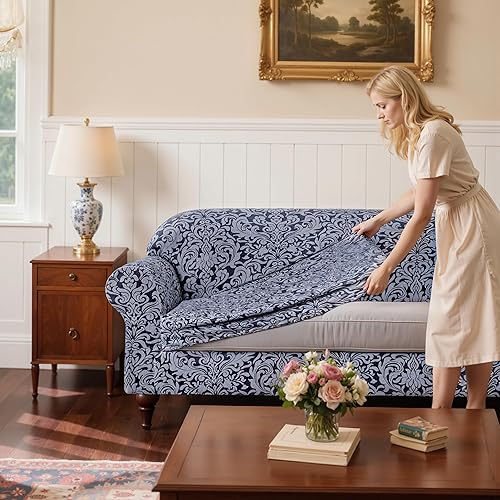 Miniatura 5 de SUBRTEX Fundas para sofá de 2 piezas, jacquard, damasco, de 3 plazas, con cojín de asiento, fundas elásticas para sofá, protector antideslizante de