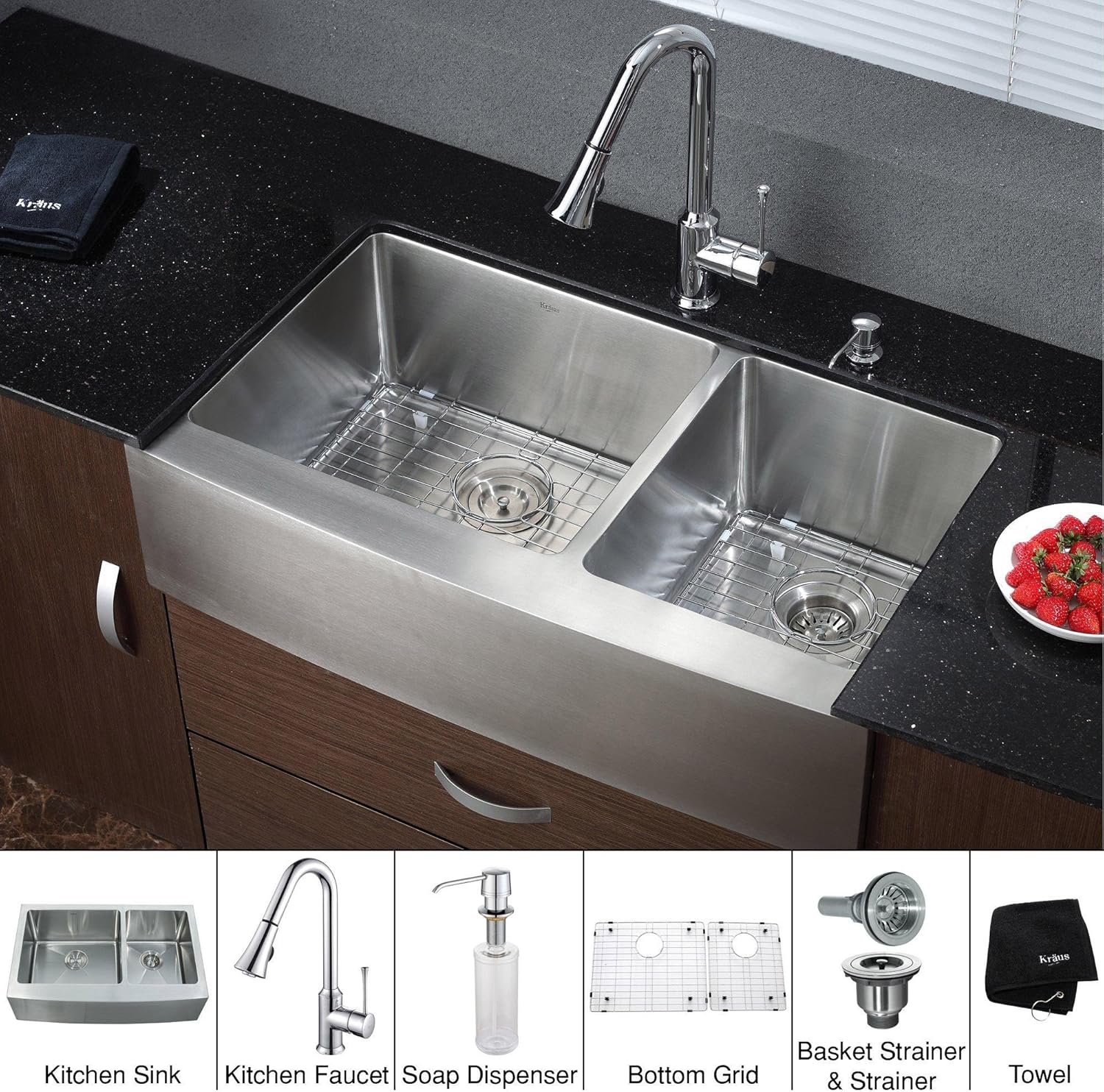 Kitchen Combo 32.9" x 20.75" Double Bowl Farmhouse Kitchen Sink with