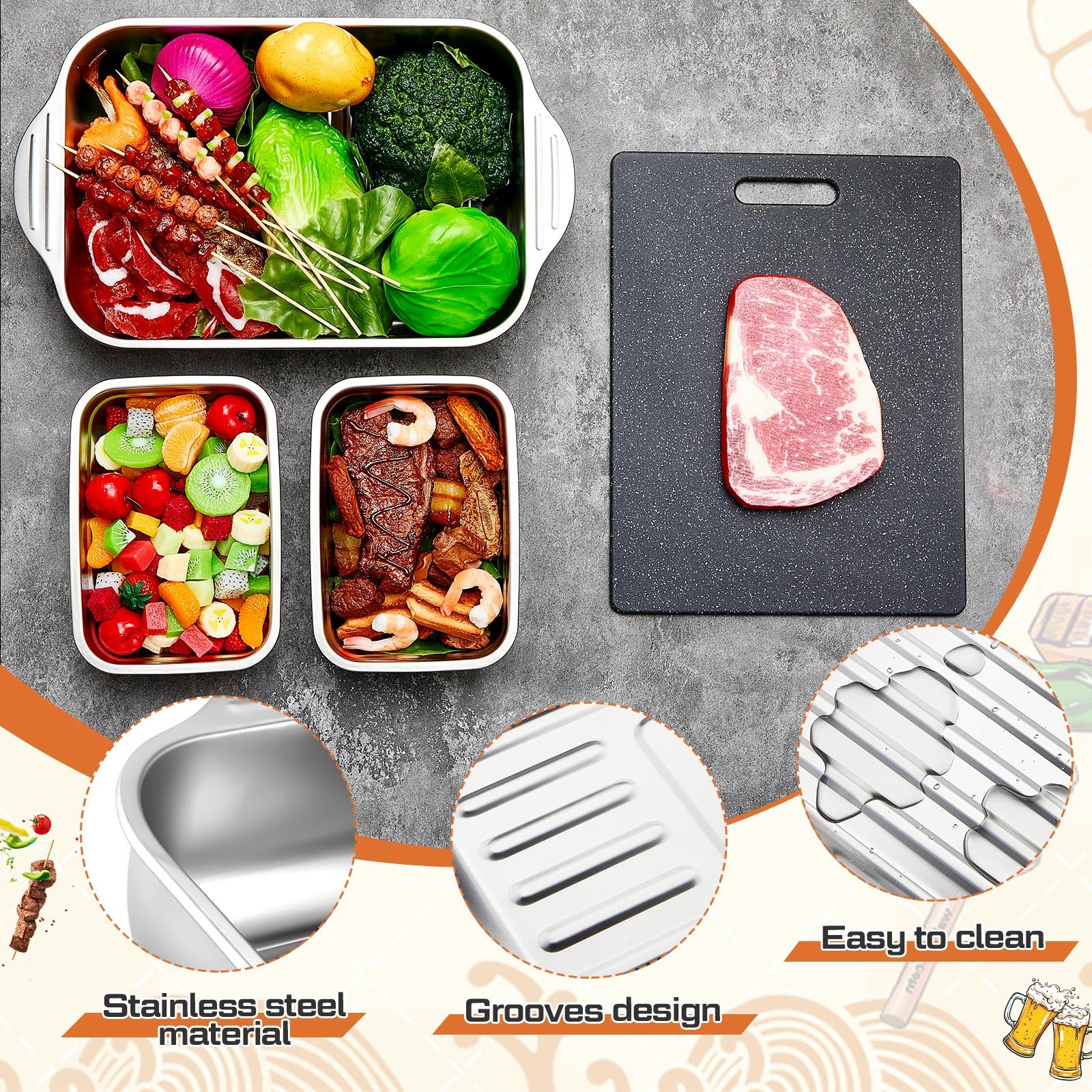 El juego de 4 bandejas de preparación de parrilla incluye bandejas de acero inoxidable para preparar y servir para parrilla de 15.8 x 9.7 pulgadas, 2 recipientes de adobo con tapas y tabla de