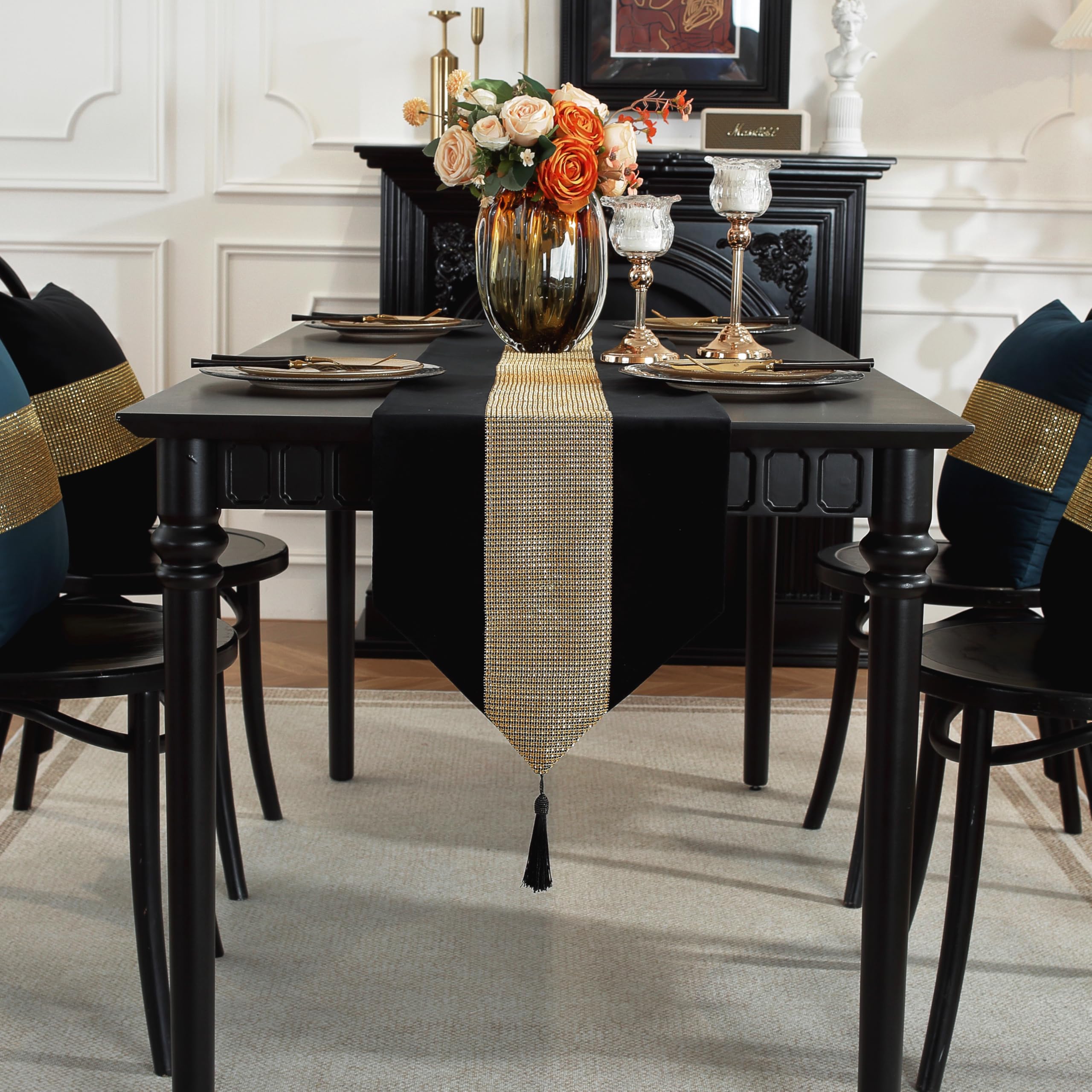 TAOSON Luxury Matching Sequin Patchwork Velvet Table Runner with Gold Diamante Strip and Tassels Wrinkle Table Runners for Kitchen Dining Tabletop Decoration (13 x 87 Inch) Black
