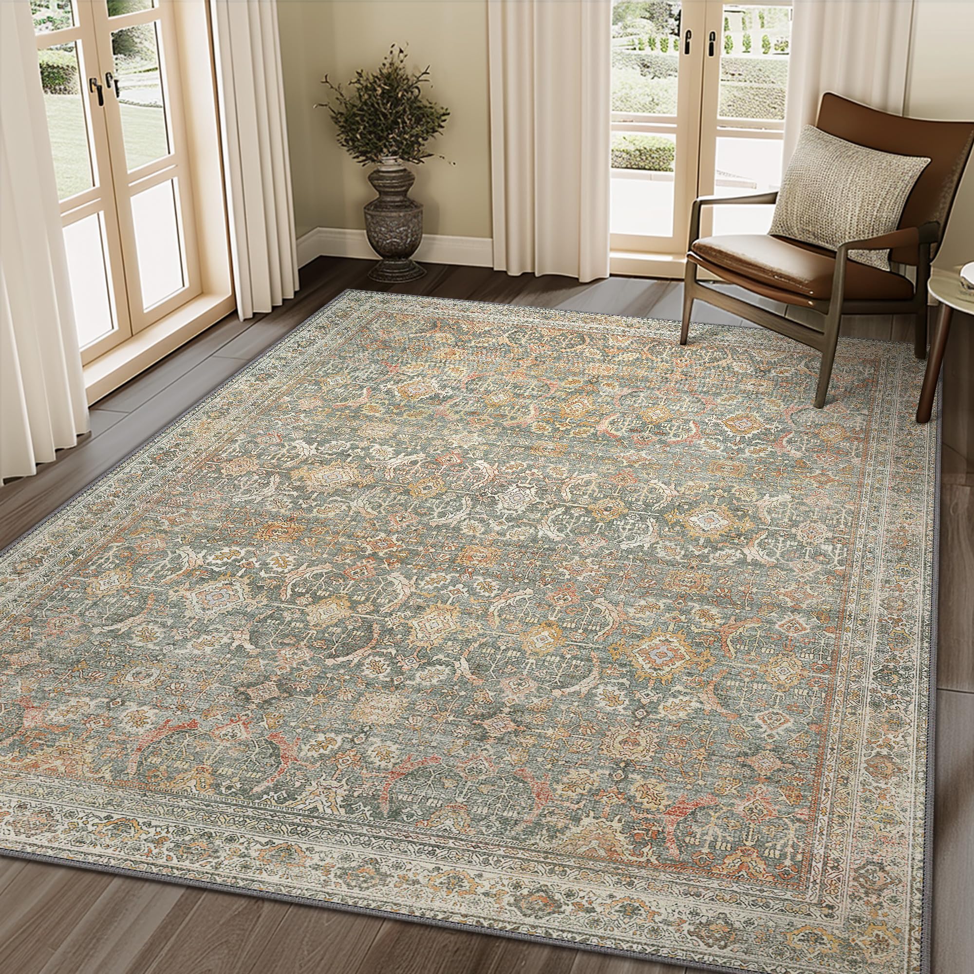 5X7 Area Rugs Machine Washable Rugs for Living Room, Vintage Boho Large Rugs for Bedroom Dining Room, Non Slip Indoor Soft Distressed Lightweight Thin Low Pile Carpet, Turmeric