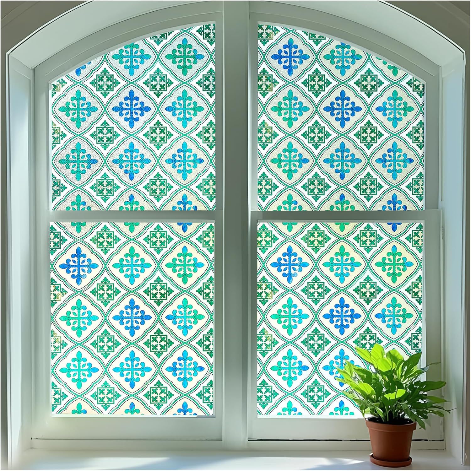 Coavas Decorative Window Privacy Film - Faux Stained Glass Window Film with Floral Design, Static Cling Non-Adhesive Covering UV Blocking for Doors, Bathrooms & Home Decor (29.5x78.7 Inch)