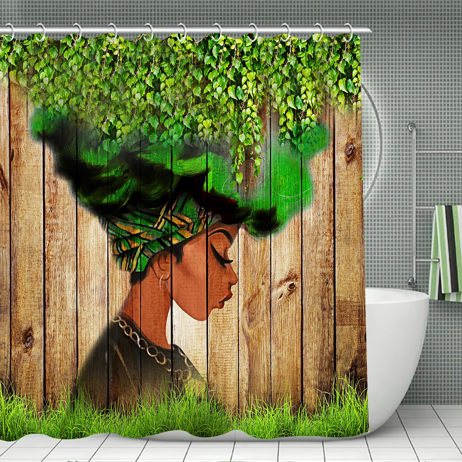 African Woman Shower Curtain Afro Black Art Green Leaves Women Watercolor Design Bathroom Accessories Waterproof,Machine Washable Bathtub Curtains with 12 Hooks 72" W x 72" L - Green Leaves Girl