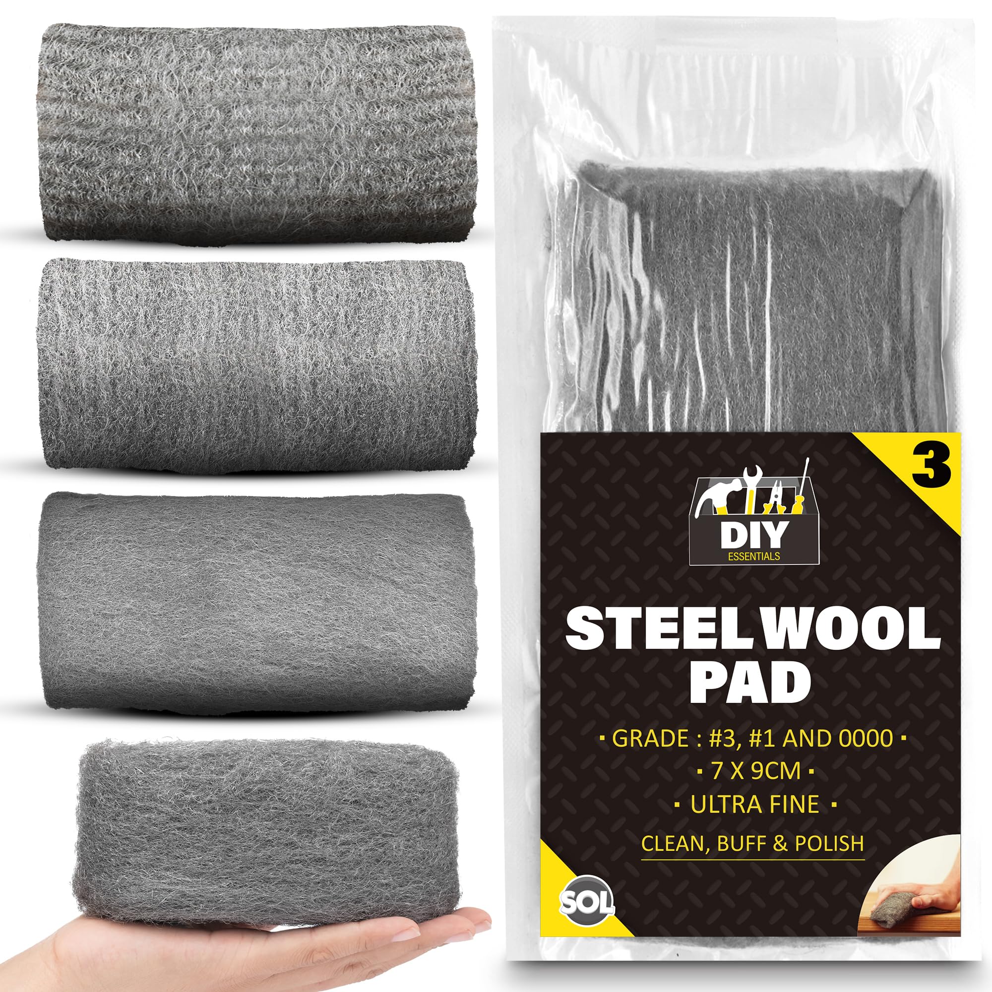 SOL 3 Meter Steel Wool Pads, 1m Grade 0000, 1 & 3, Assorted Grades Wire Wool for Cleaning Polishing & Sealing Small Holes