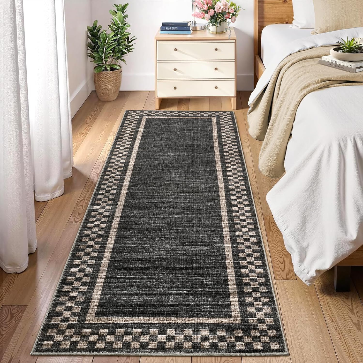 GarveeHome Runner Rug 2x6 for Kitchen Non Slip Washable Hallway Runner Rugs Modern Bordered Bathroom Throw Mat Soft Non Shedding Checkered Runners Geometric Area Rug for Bedside Living Room, Black - Image 2