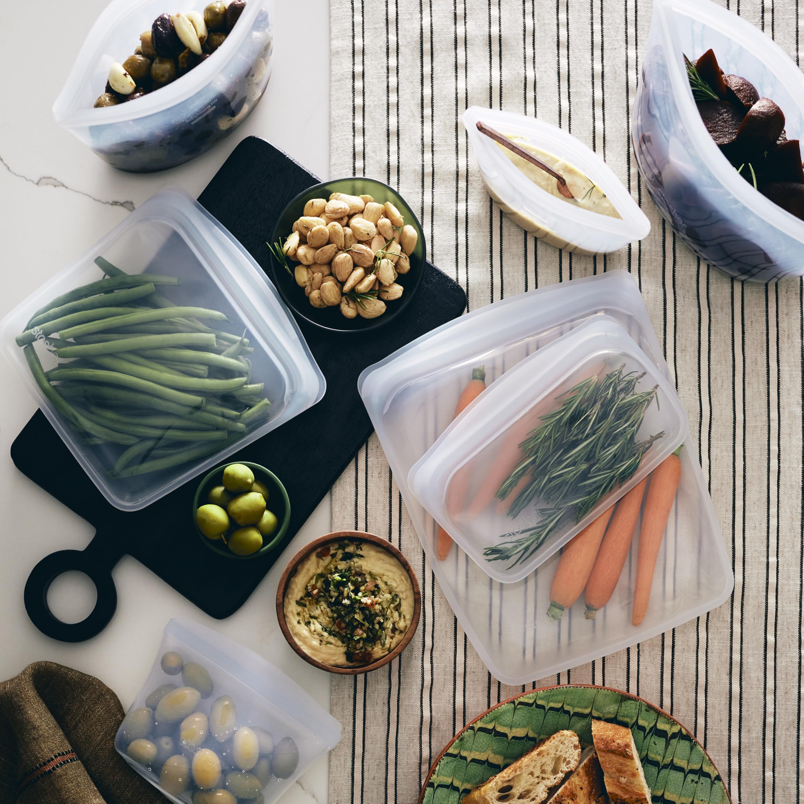 Stasher Paquete de 6 transparentes: bolsillo, cuenco de 1 taza, sándwich, cuenco de 2 tazas, medio galón, aperitivo | Bolsas reutilizables para alimentos