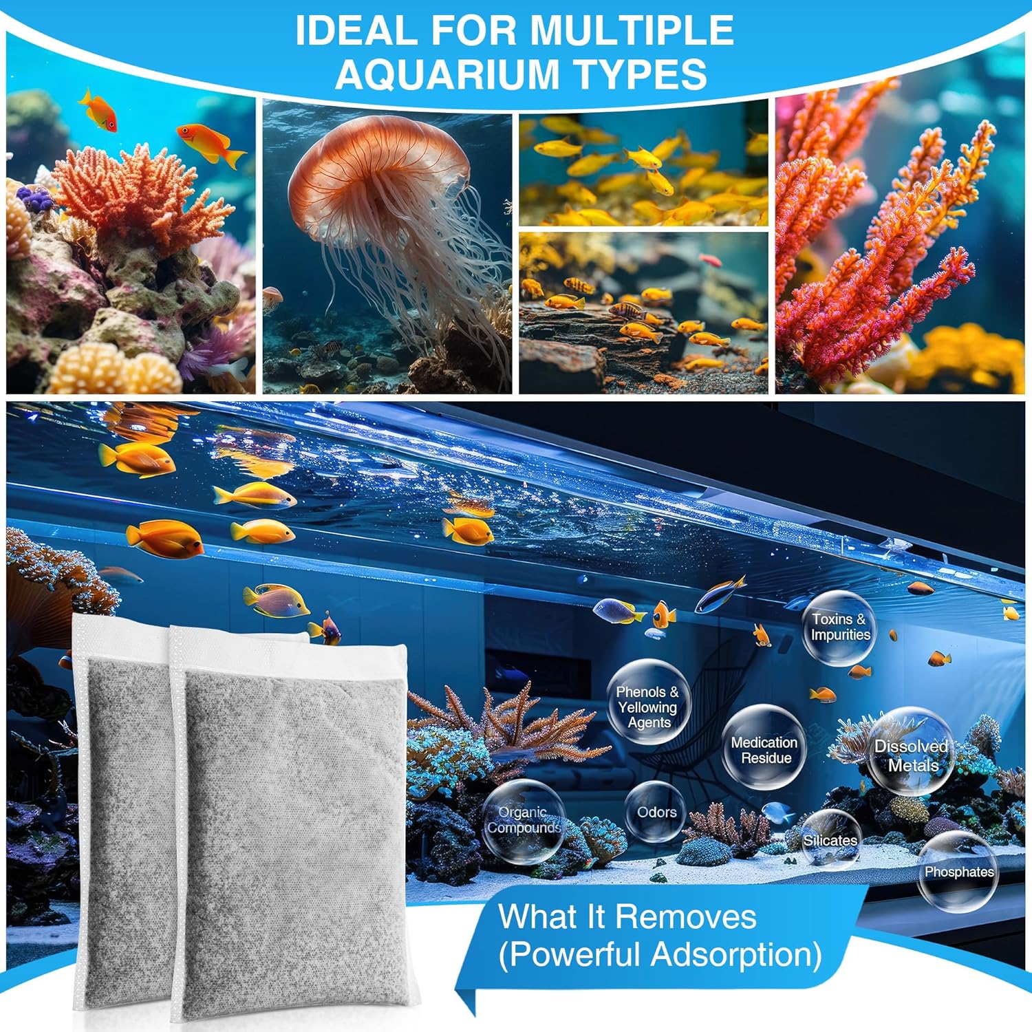 2 Pack 11oz Aquarium Filtration Media, Extruded Carbon & Ion Exchange Resin in Nylon Bags, Treats 75-100 Gallons Per Bag, Removes Phosphates & Metals for Reef, Marine, Jellyfish & High pH Aquariums