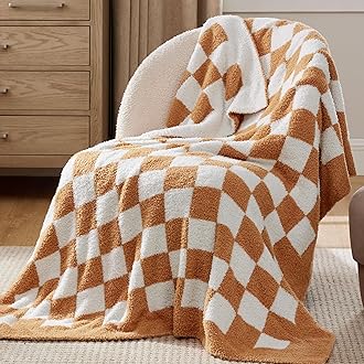 Bedsure Super Soft Knit Twin Blanket - Warm Cozy Reversible Checkerboard Camel Blanket, Fluffy Fuzzy Plush Lightweight Print Blanket for Couch Sofa Bed (60" x 80")