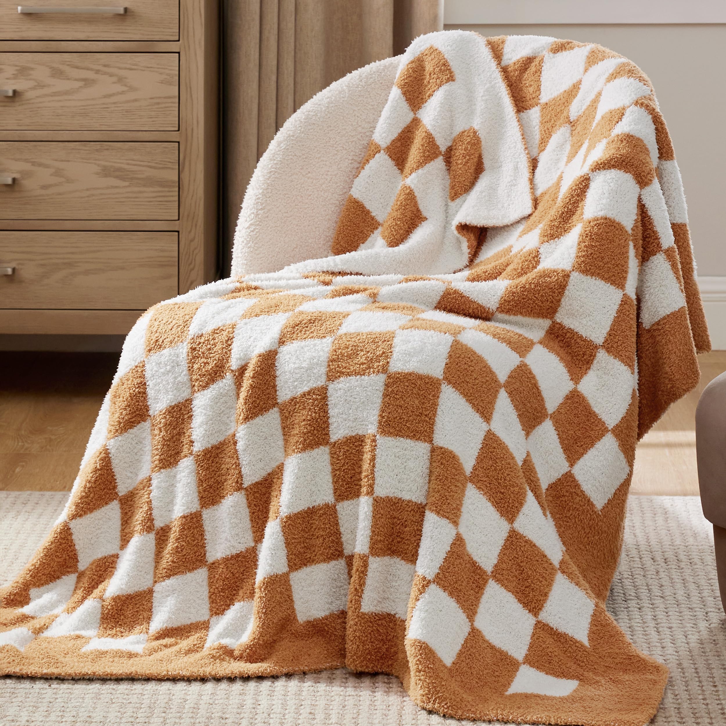 Bedsure Super Soft Knit Twin Blanket - Warm Cozy Reversible Checkerboard Camel Blanket, Fluffy Fuzzy Plush Lightweight Print Blanket for Couch Sofa Bed (60" x 80")
