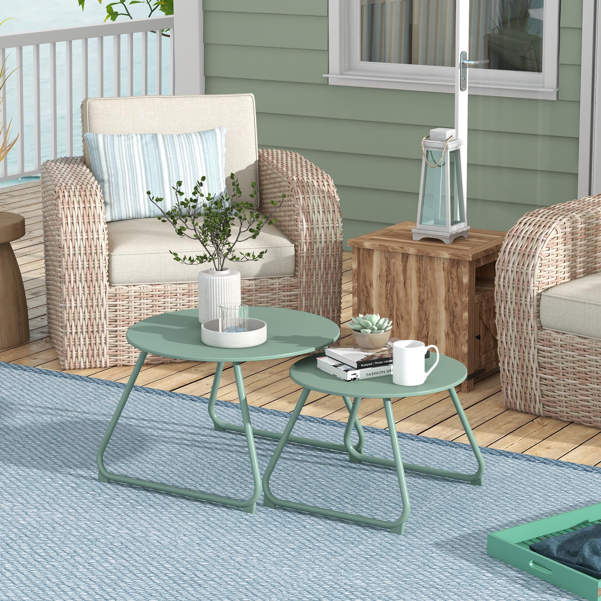 Outsunny Lot de 2 Tables Basses Rondes gigognes empilables de Jardin métal époxy, Table d'Appoint Stable pour extérieur Ø60 et Ø48 cm, Vert