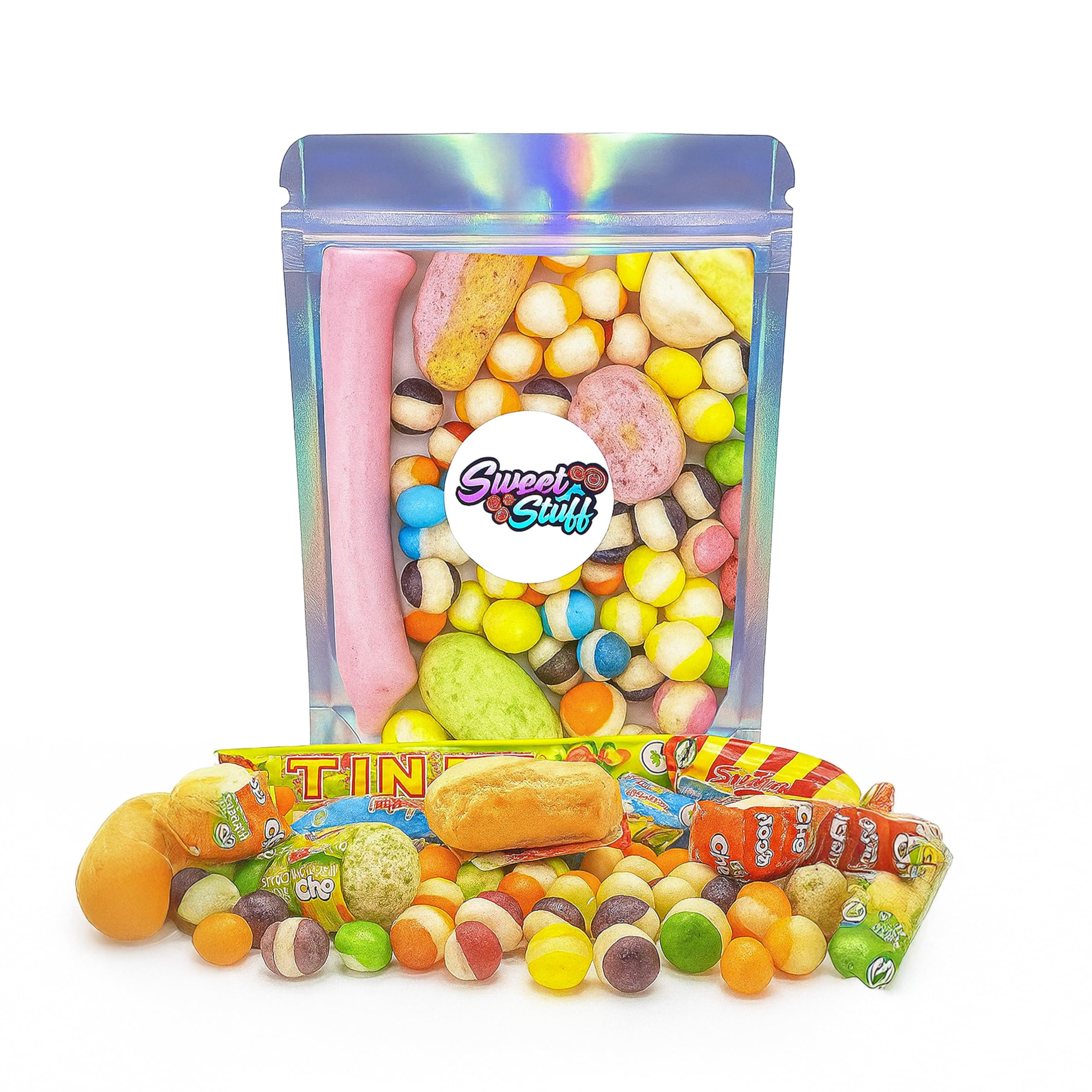Freeze Dried Sweets Variety Bag - Crunchy Candy with Vibrant Flavours, 150g - Includes Sour Sweet, Halal Sweets, Fruity, Refreshing, Drumming Chews & Large Chew Bar for Parties