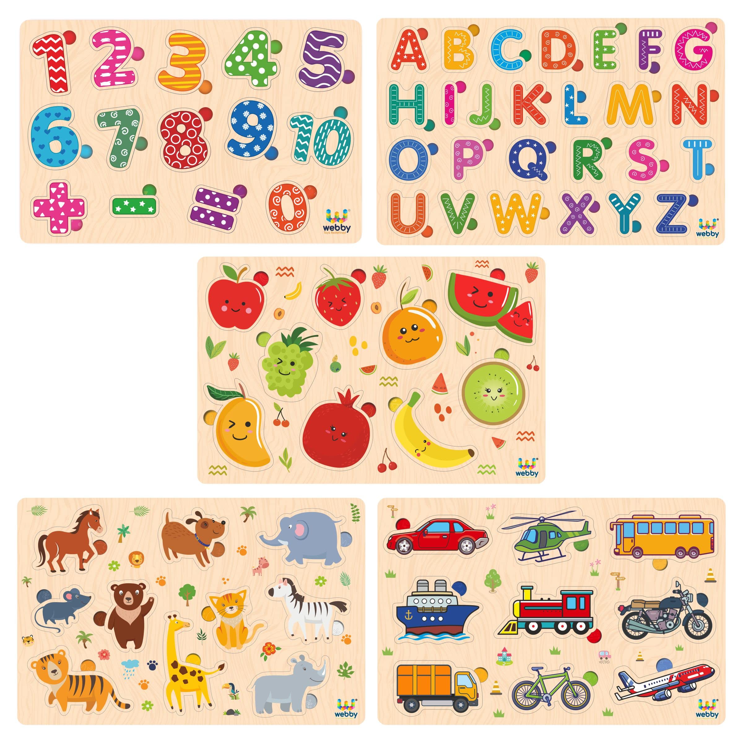 Webby Wooden Educational Colorful Alphabets, Counting Numbers, Fruits, Animals, and Public Transport Puzzle for Preschool Kids - Set of 5 (B0B3N7H1F1) Amazon Price History, Amazon Price Tracker