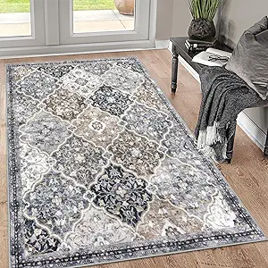 KILOCOCO 3x5 Moroccan Super Soft Area Rug Washable Living Room, Vintage Floral Rug Indoor Non-Slip, Print Faux Wool Accent Indoor Entryway Rug for Laundry Room Playroom Office, Greenish Gray Beige