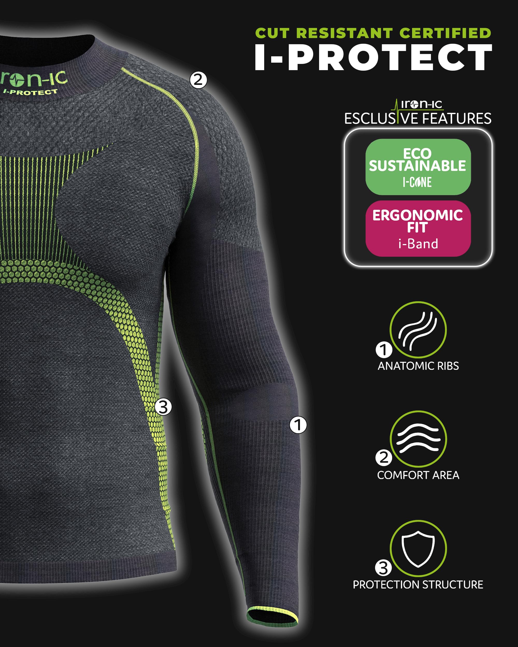 Iron-Ic - T-Shirt Uomo Maniche Lunghe I-Protect Seamless Cut Resistant per Sport Outdoor in Climi Freddi con Fitting Slim Compression - Art. 201983