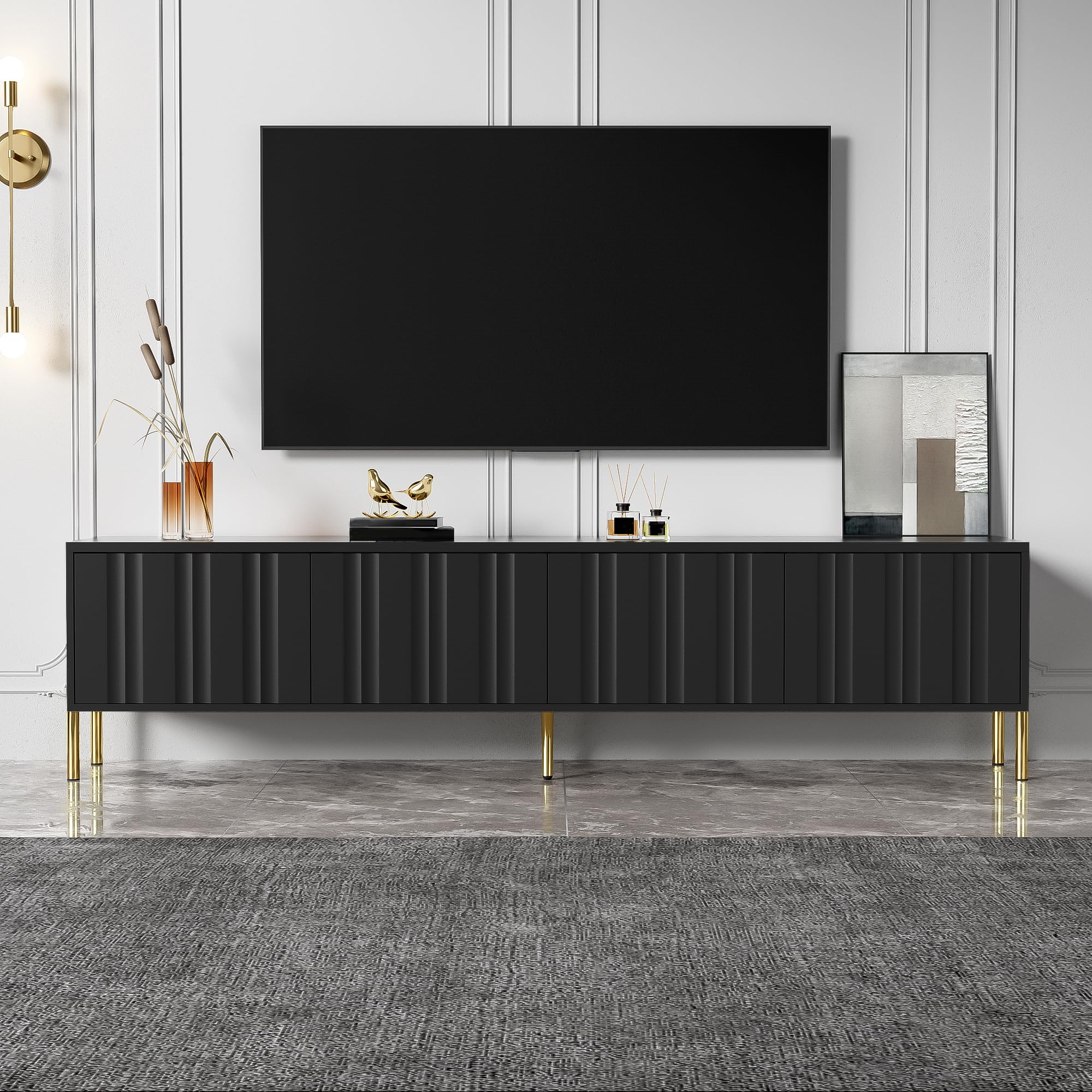 Armadio TV porte con design a scanalatura verticale mobile TV gambe di tavolino dorato tavola bassa per soggiorno camera da letto mobiles base tavolo lowboard TV credenza nera